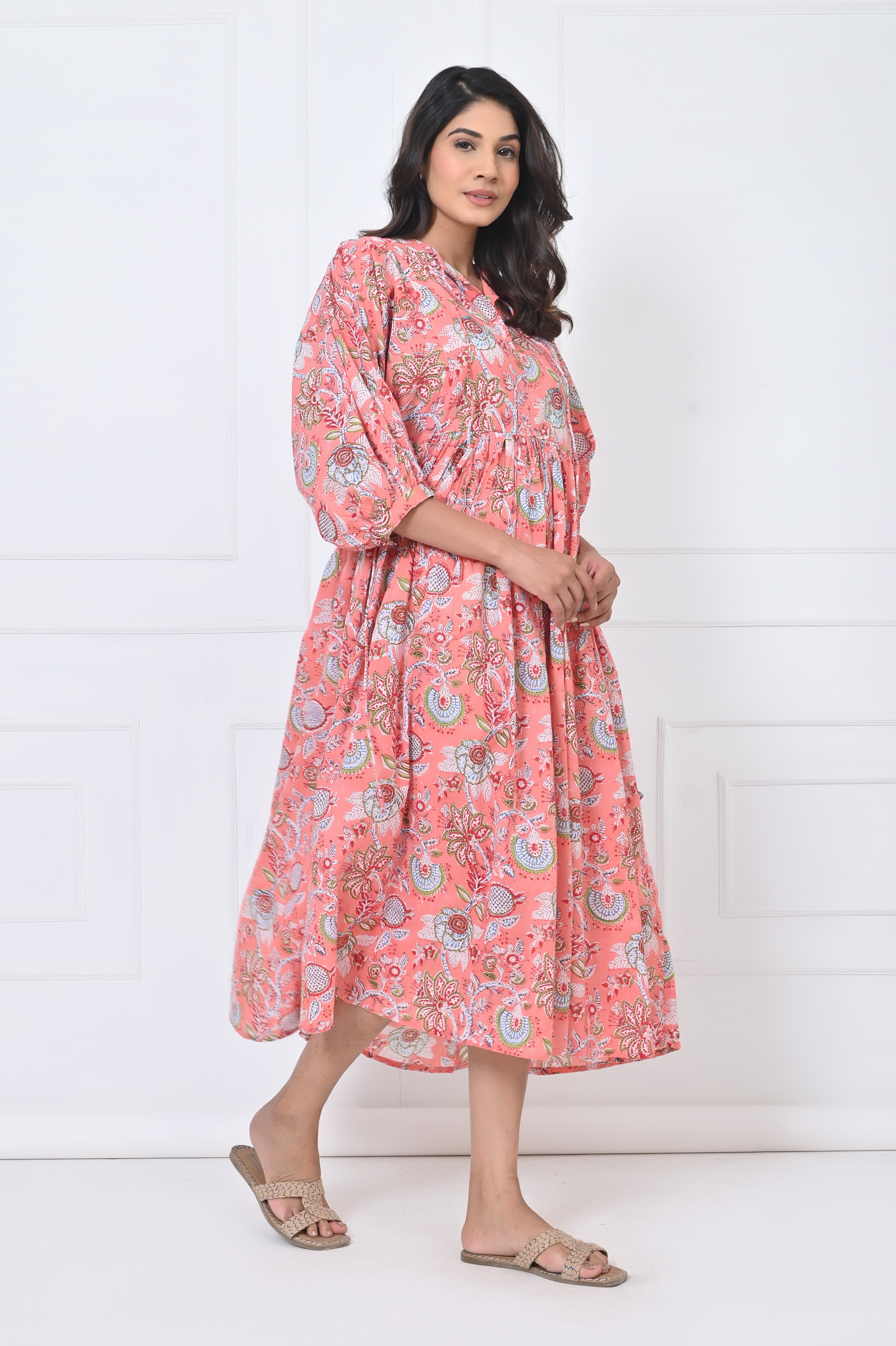 Peach Floral Print Cotton Maxi Doi Dress