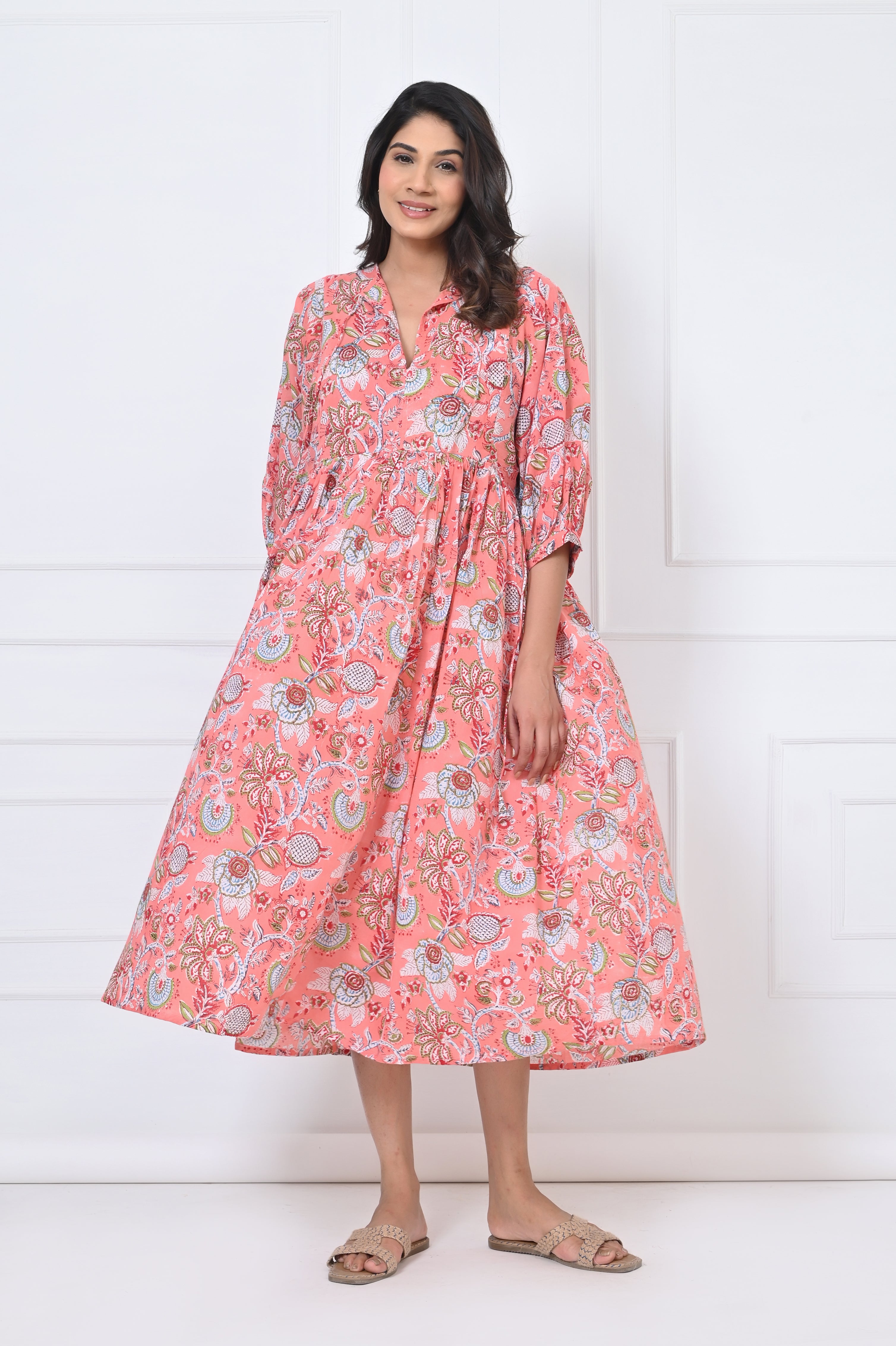 Peach Floral Print Cotton Maxi Doi Dress