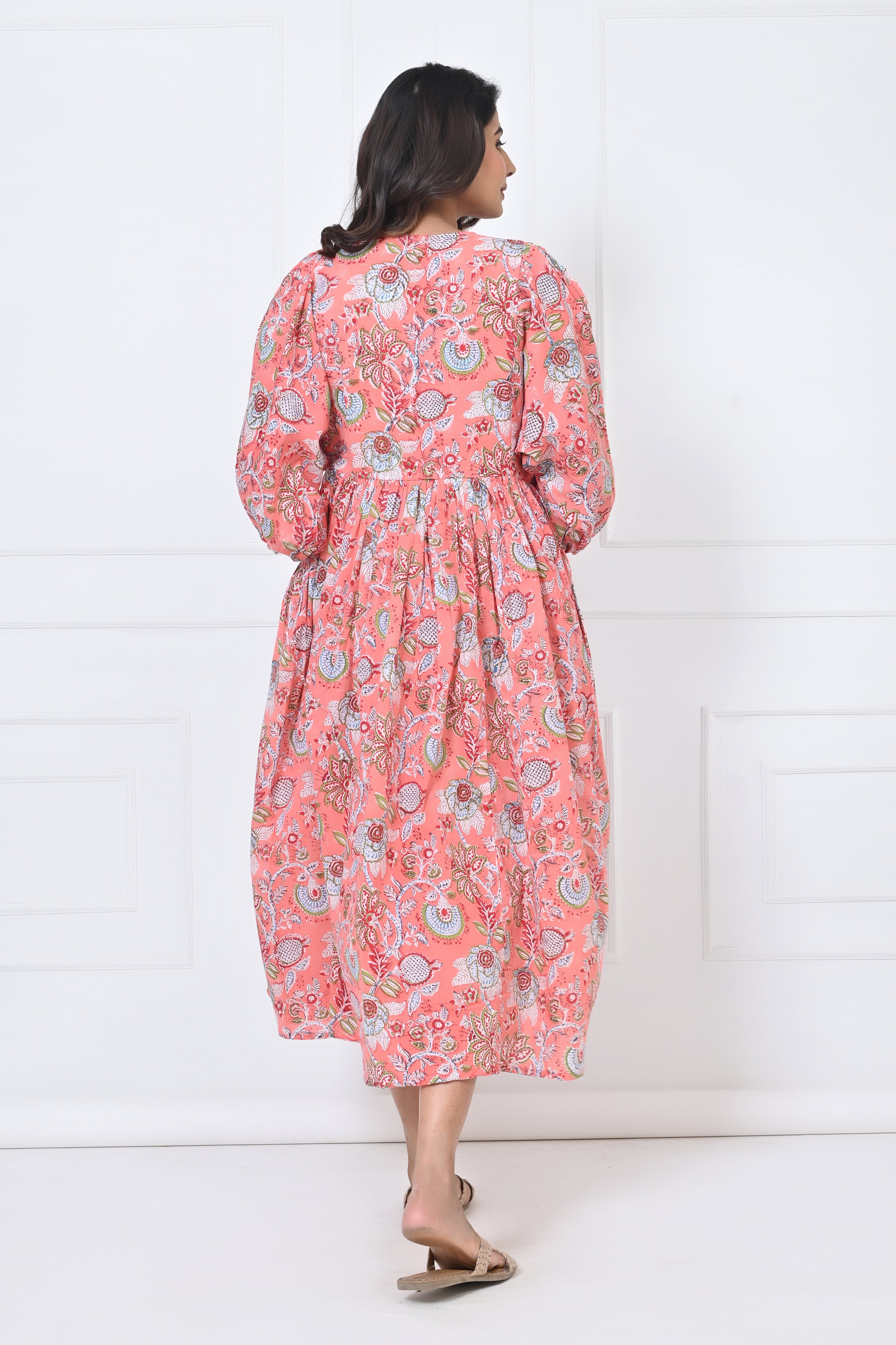 Peach Floral Print Cotton Maxi Doi Dress
