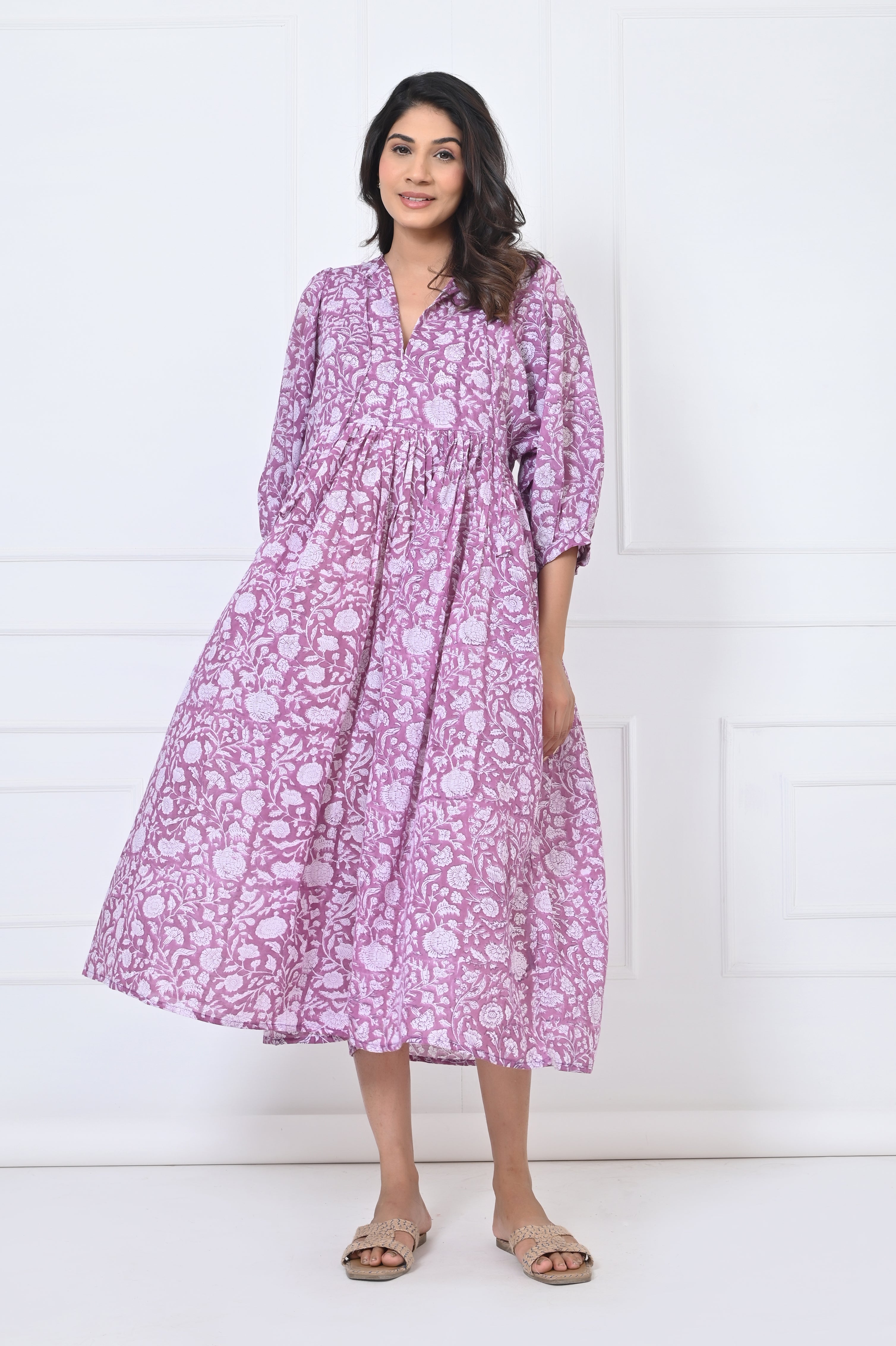 Lavender Printed Flared Cotton Maxi Doi Dress M/L