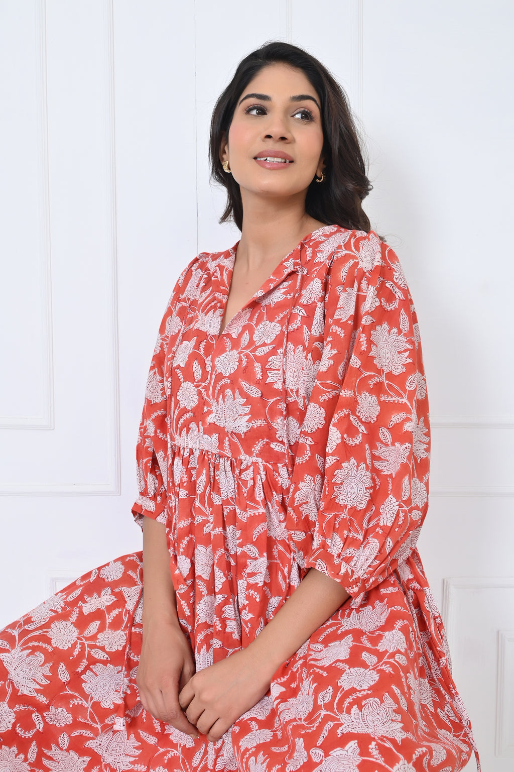 White Floral Printed Cotton Maxi Doi Dress