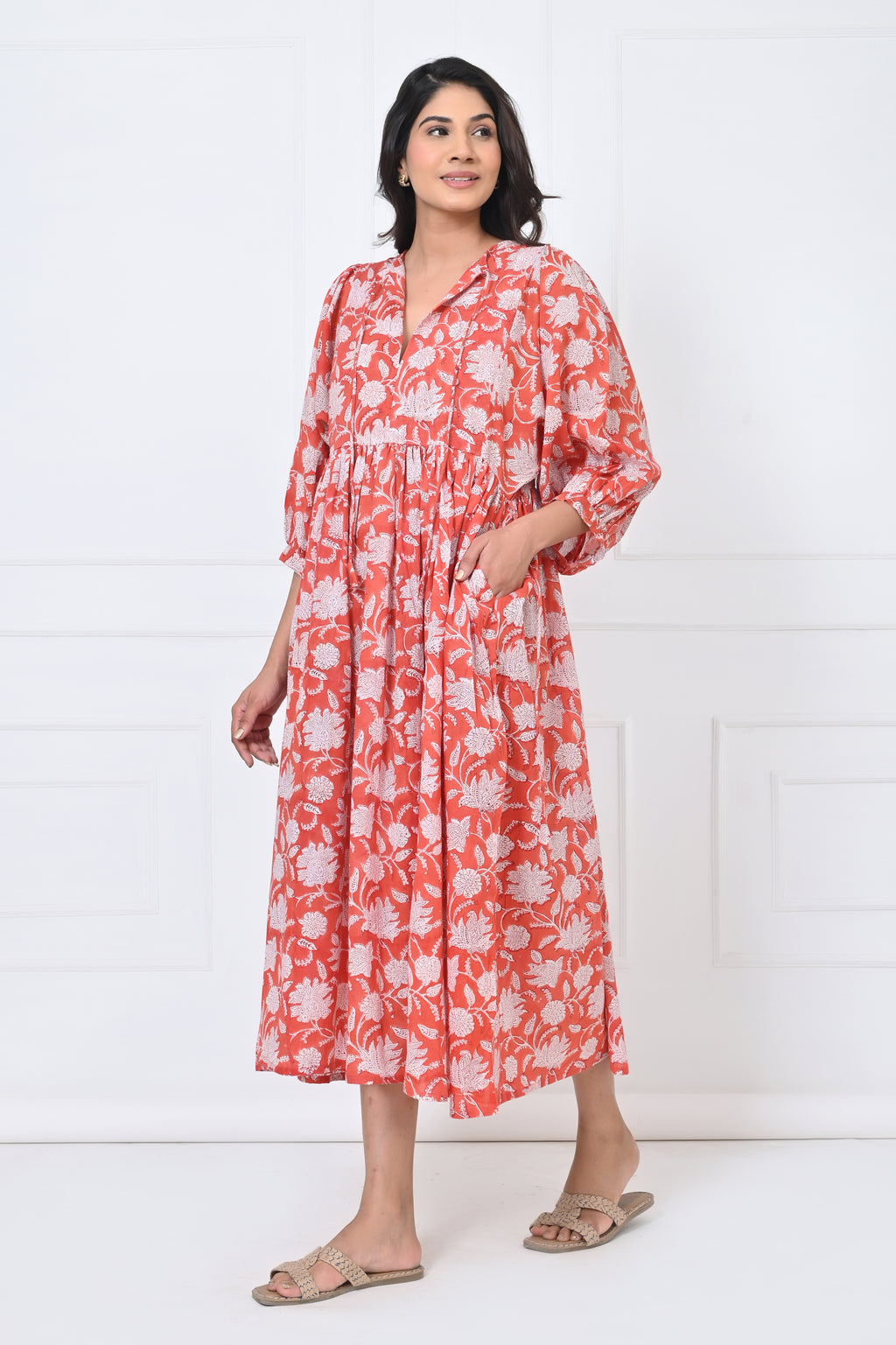 White Floral Printed Cotton Maxi Doi Dress