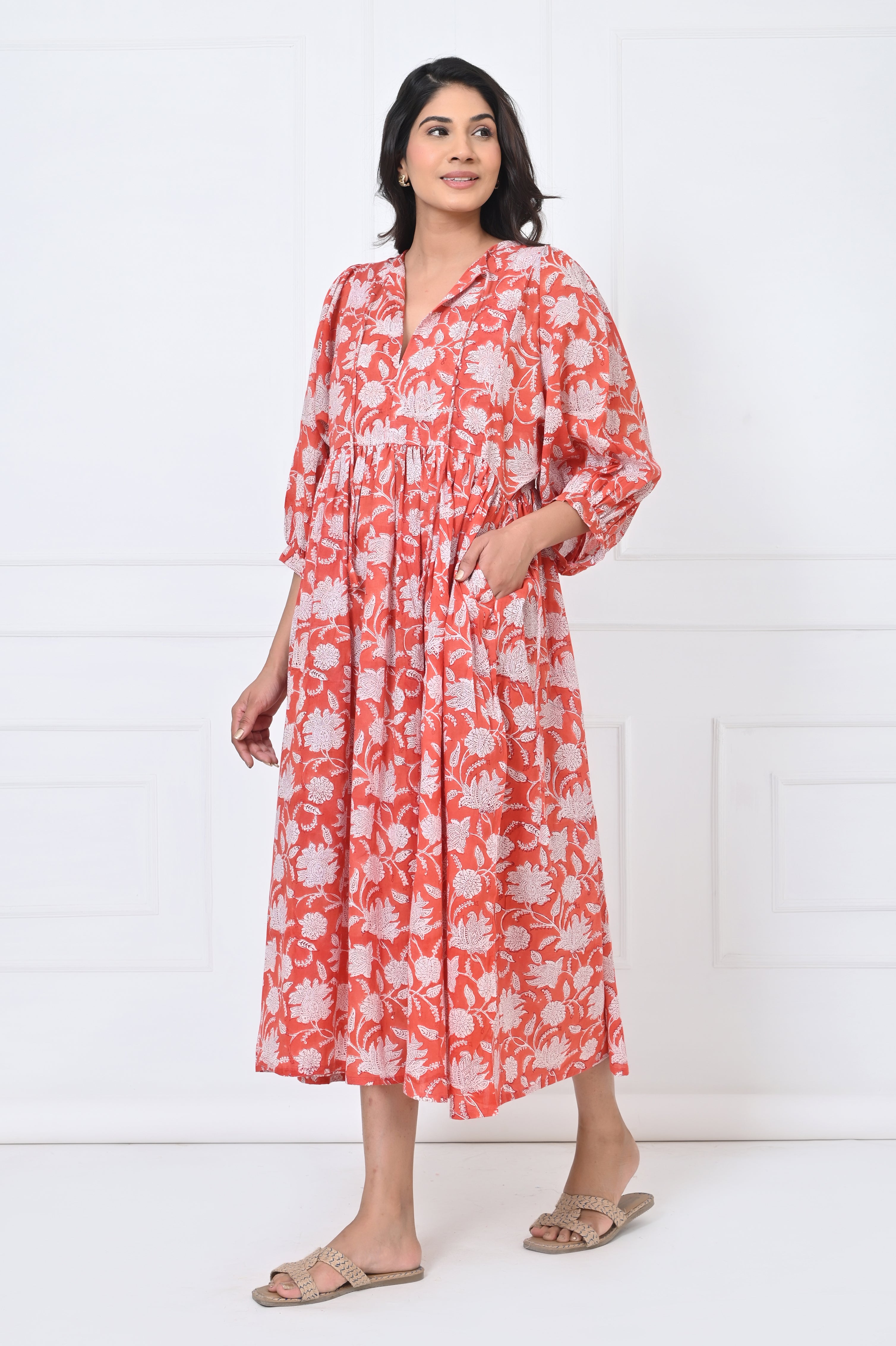 White Floral Printed Cotton Maxi Doi Dress