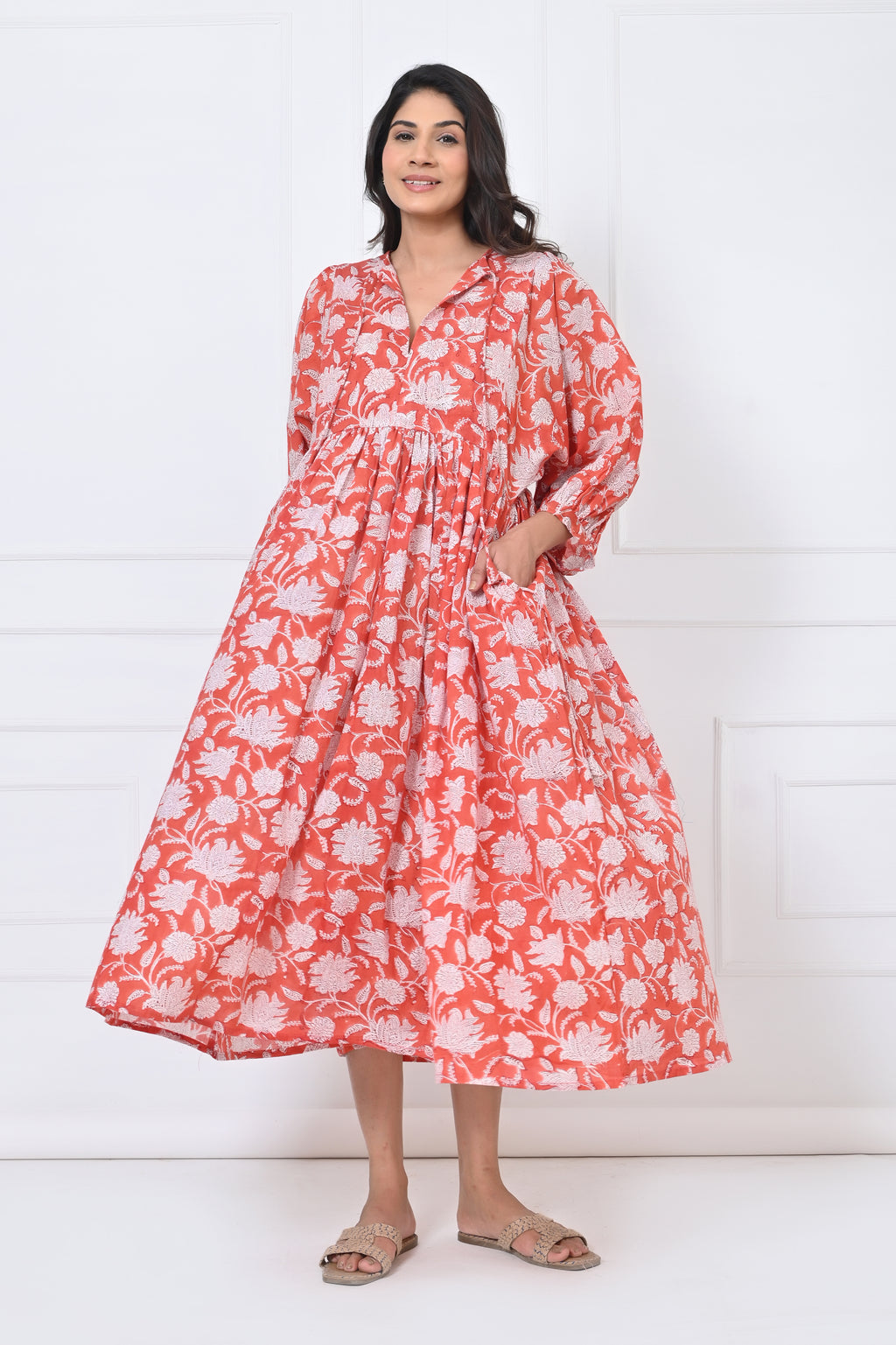 White Floral Printed Cotton Maxi Doi Dress