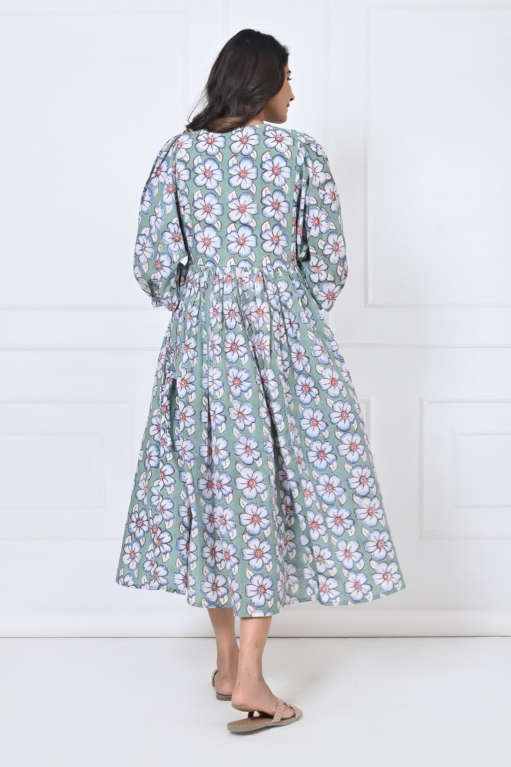 Floral Leaf Printed Cotton Maxi Doi Dress