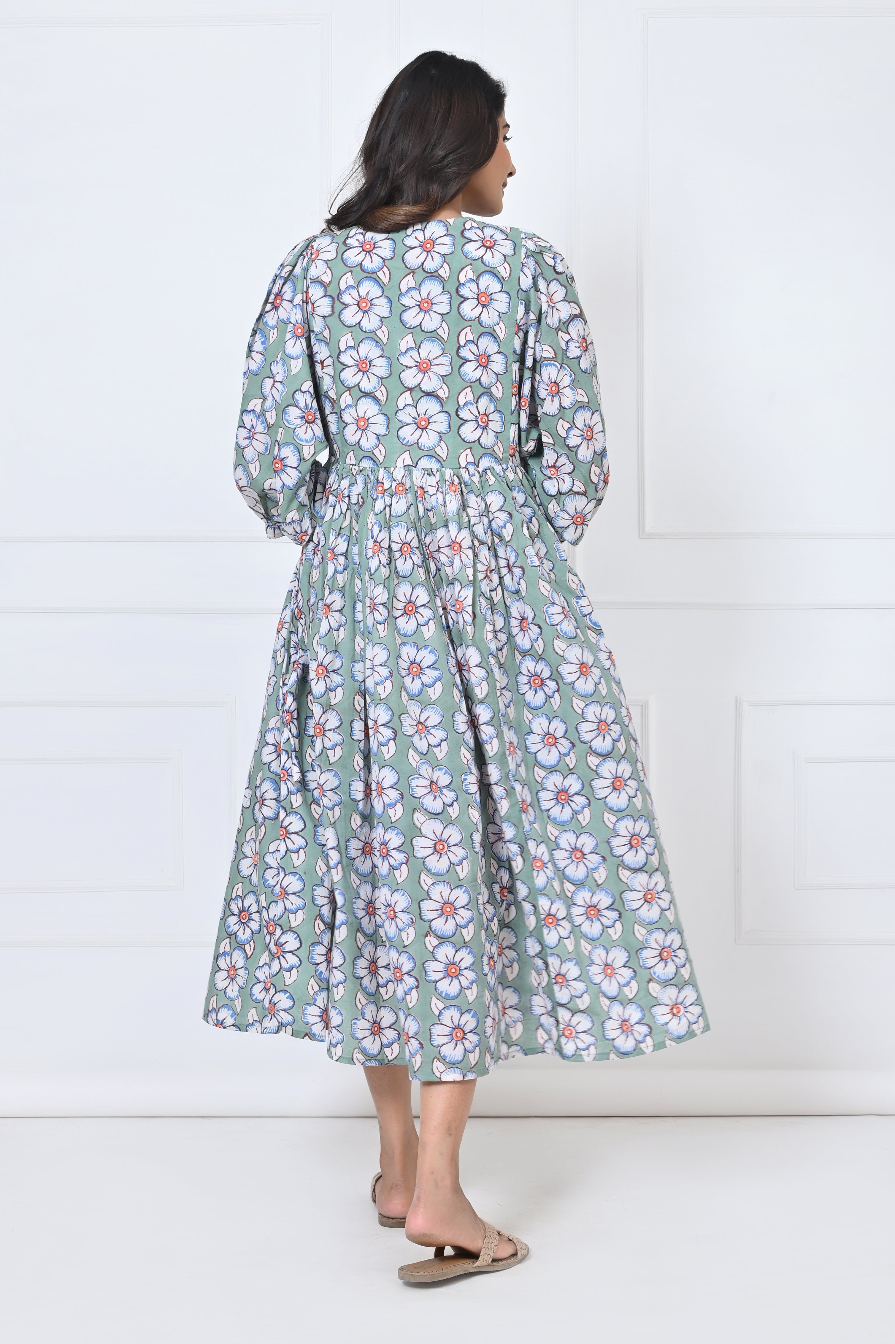 Floral Leaf Printed Cotton Maxi Doi Dress