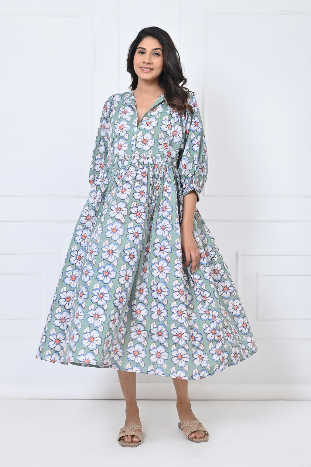 Floral Leaf Printed Cotton Maxi Doi Dress