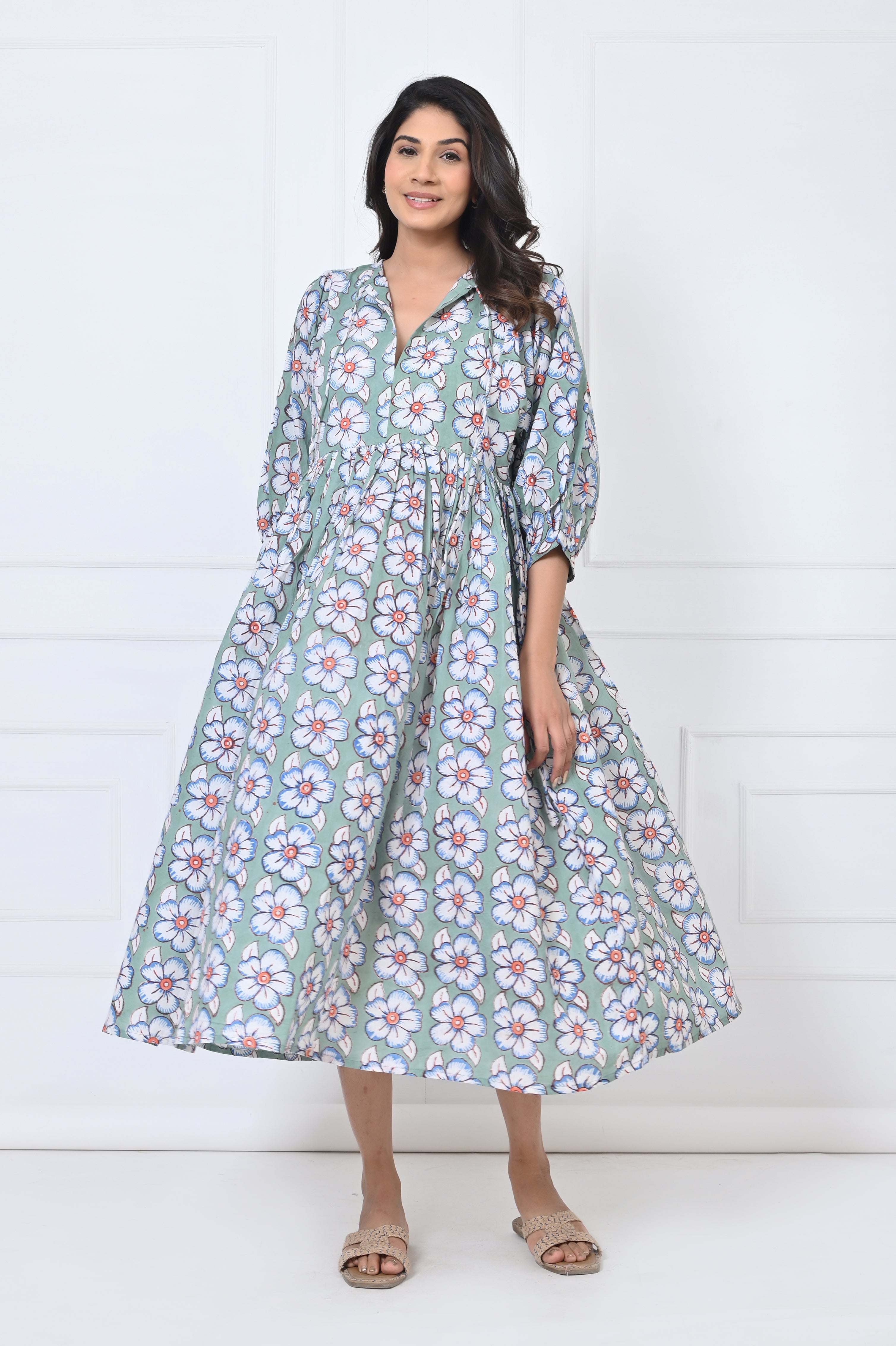 Floral Leaf Printed Cotton Maxi Doi Dress