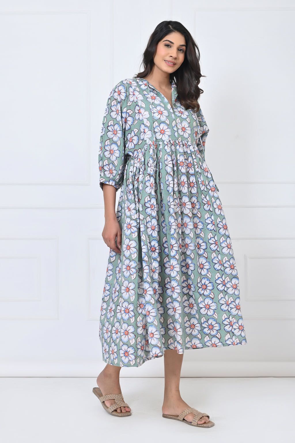 Floral Leaf Printed Cotton Maxi Doi Dress