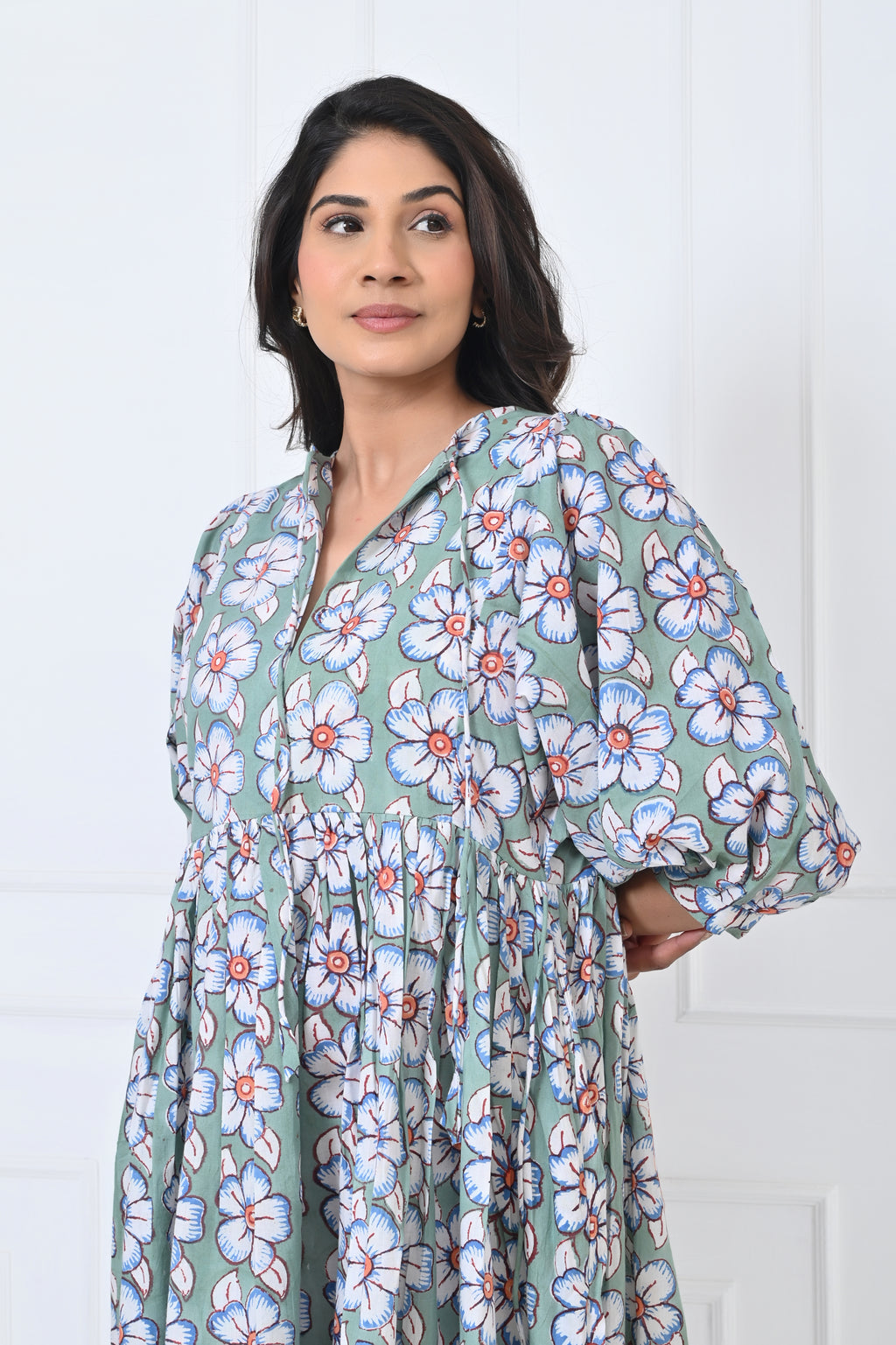Floral Leaf Printed Cotton Maxi Doi Dress