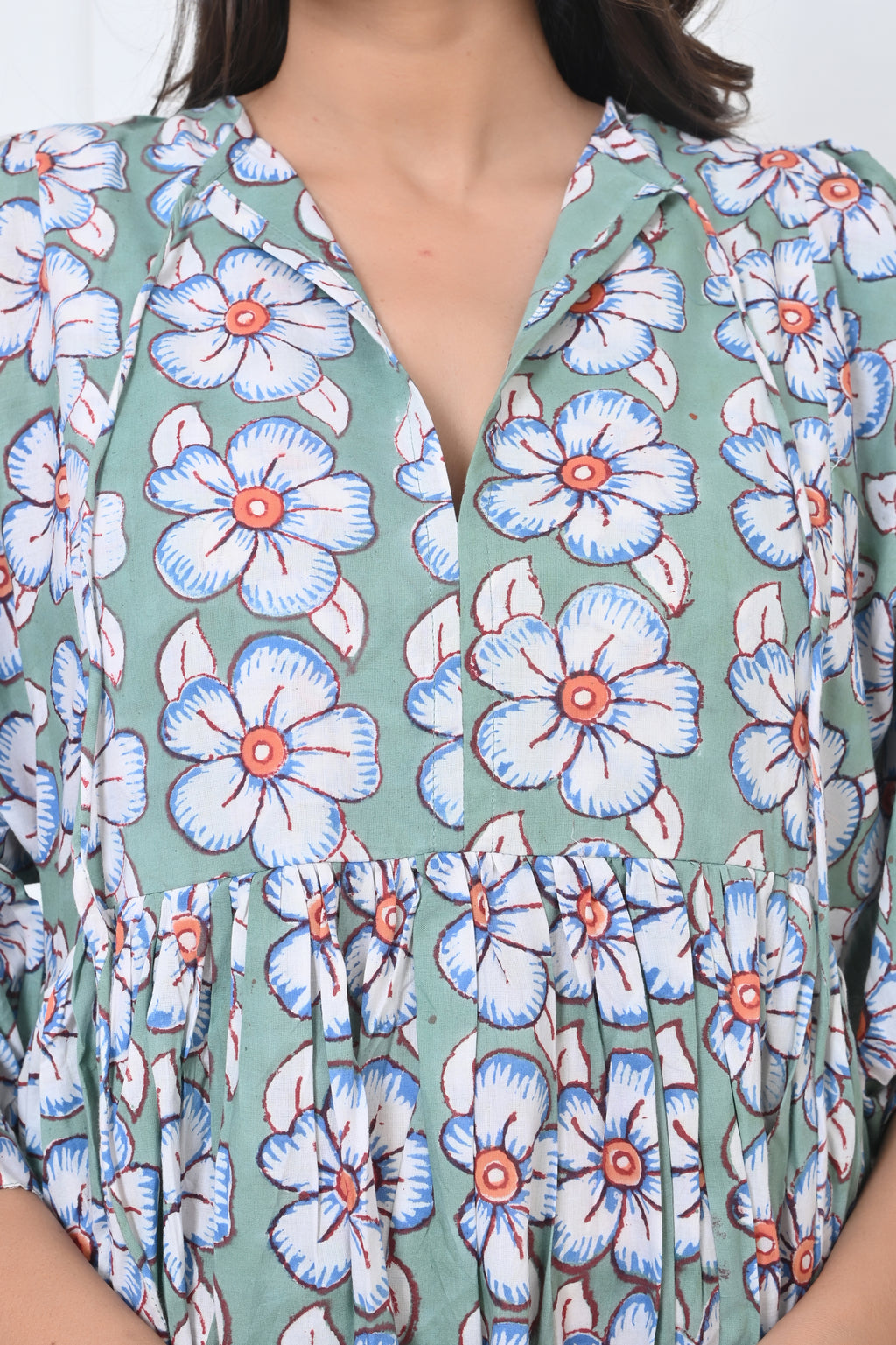 Floral Leaf Printed Cotton Maxi Doi Dress