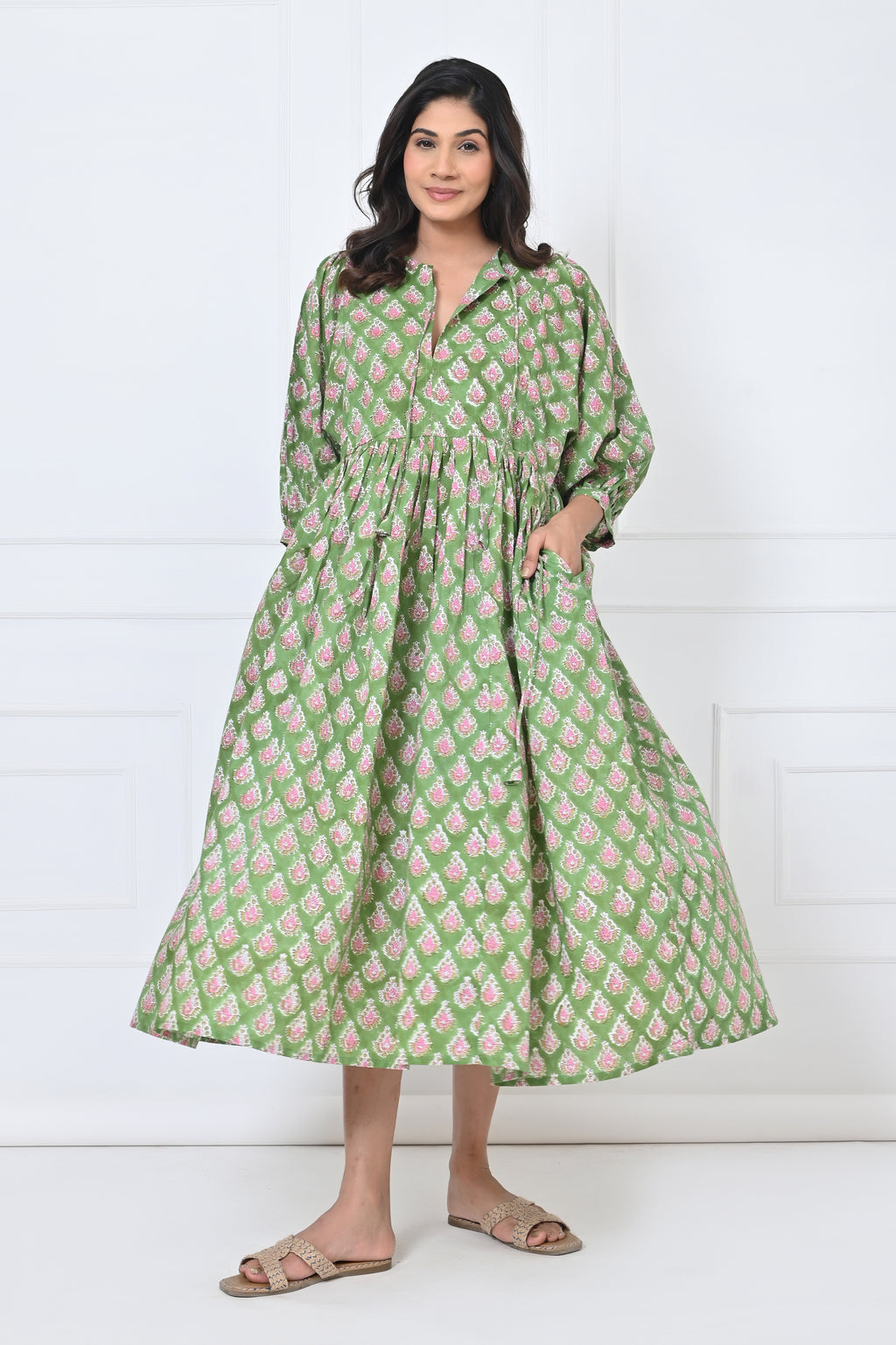 Green Print Cotton Maxi Doi Dress