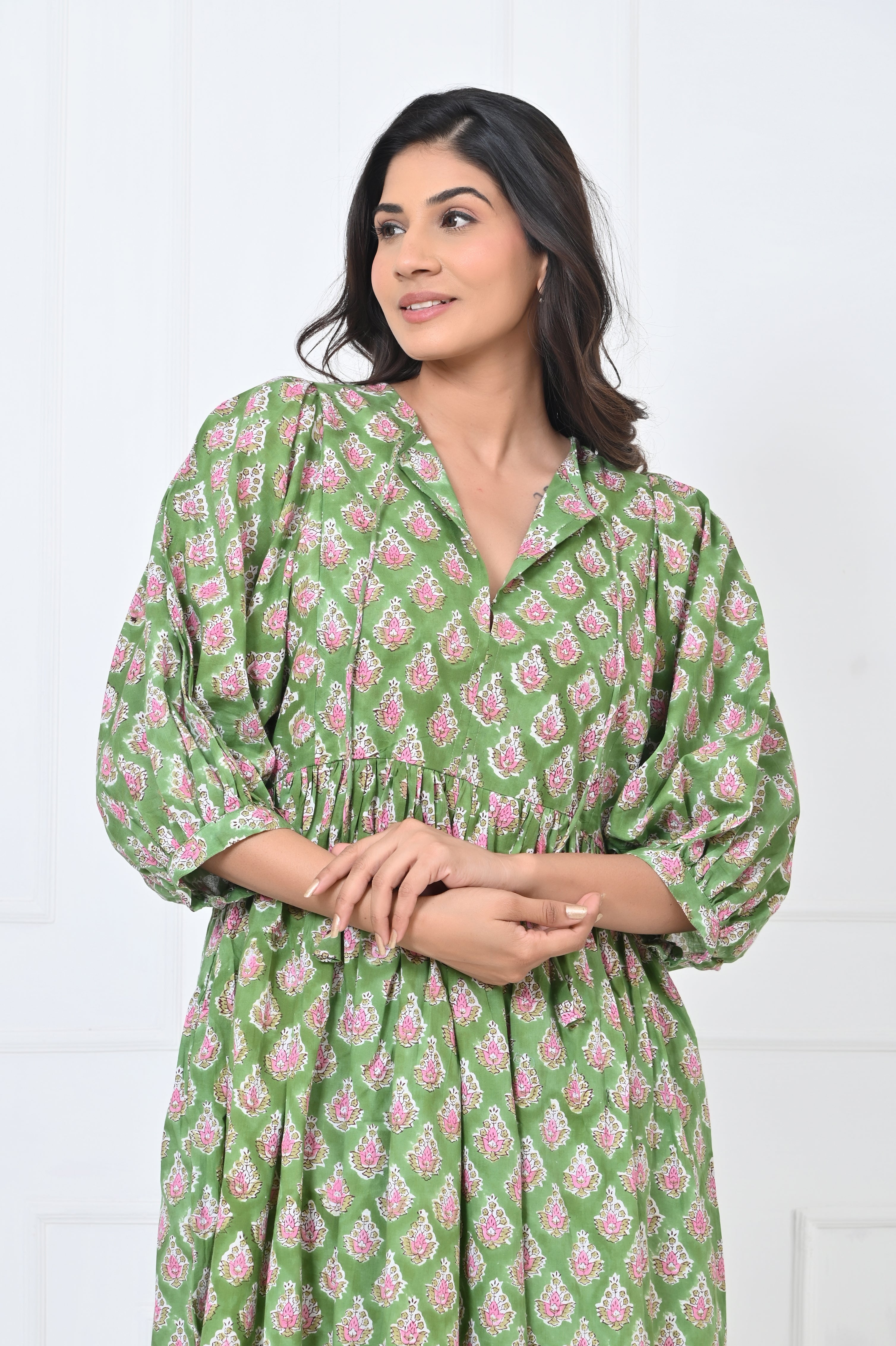 Green Print Cotton Maxi Doi Dress