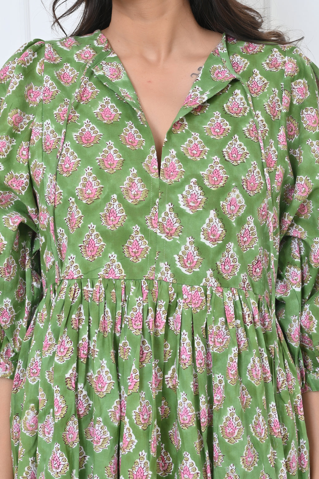 Green Print Cotton Maxi Doi Dress
