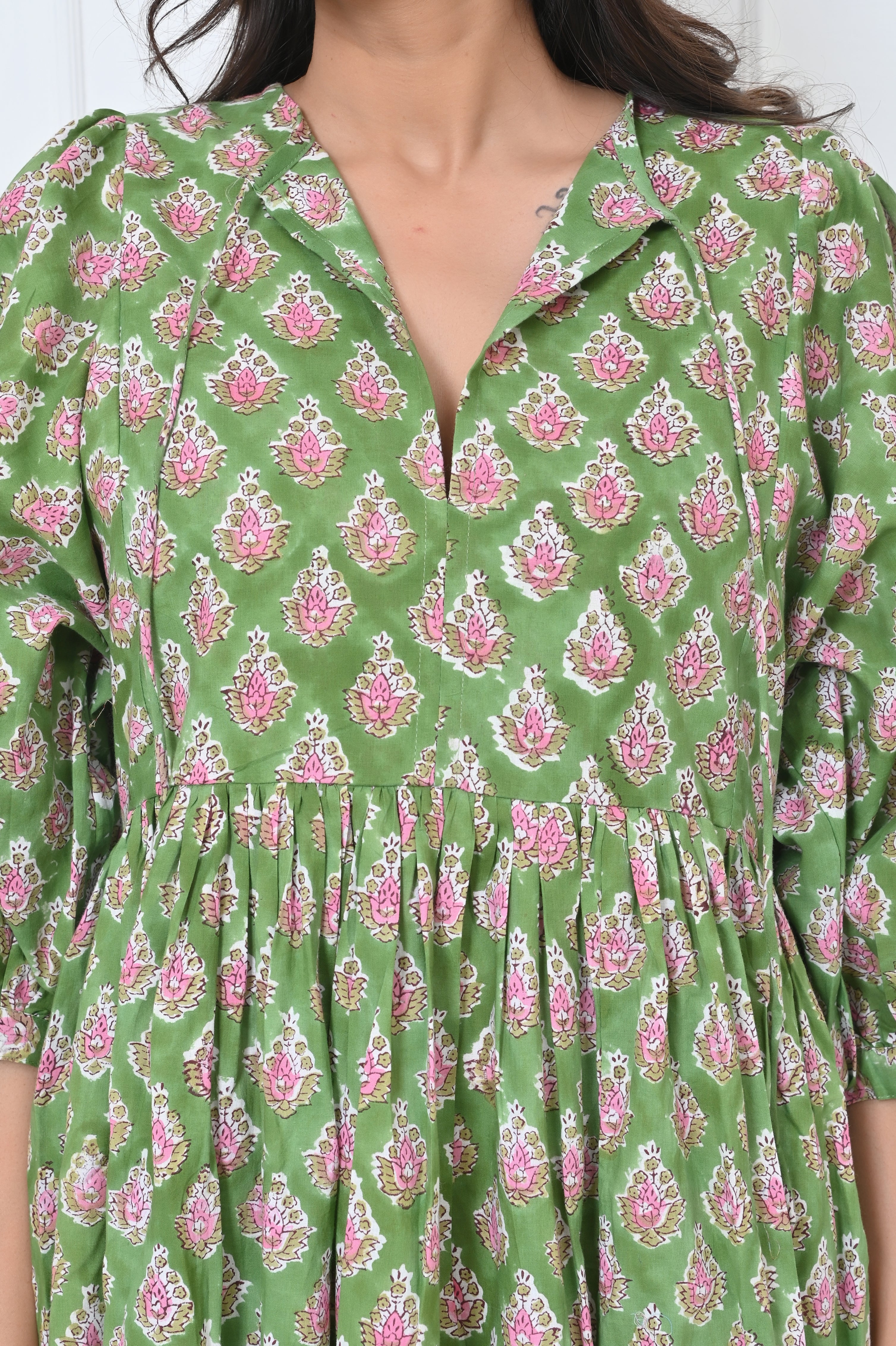 Green Print Cotton Maxi Doi Dress