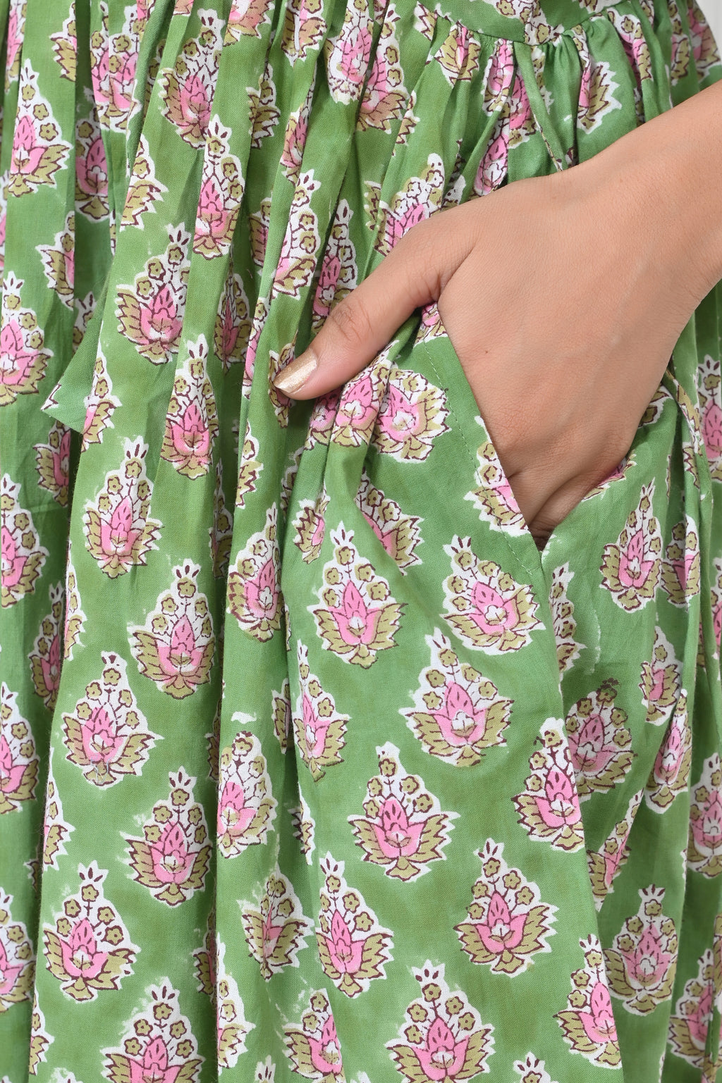 Green Print Cotton Maxi Doi Dress
