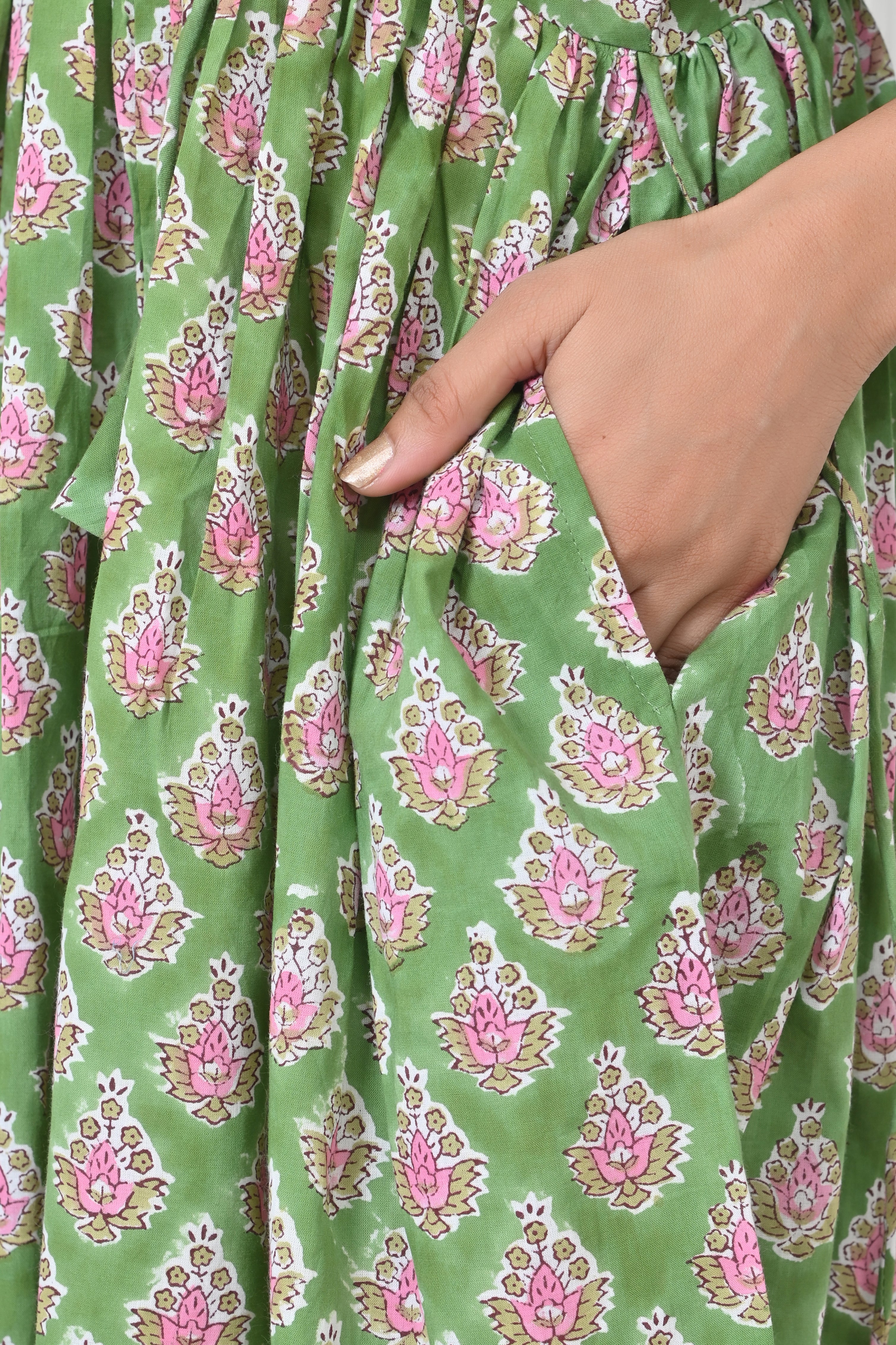 Green Print Cotton Maxi Doi Dress