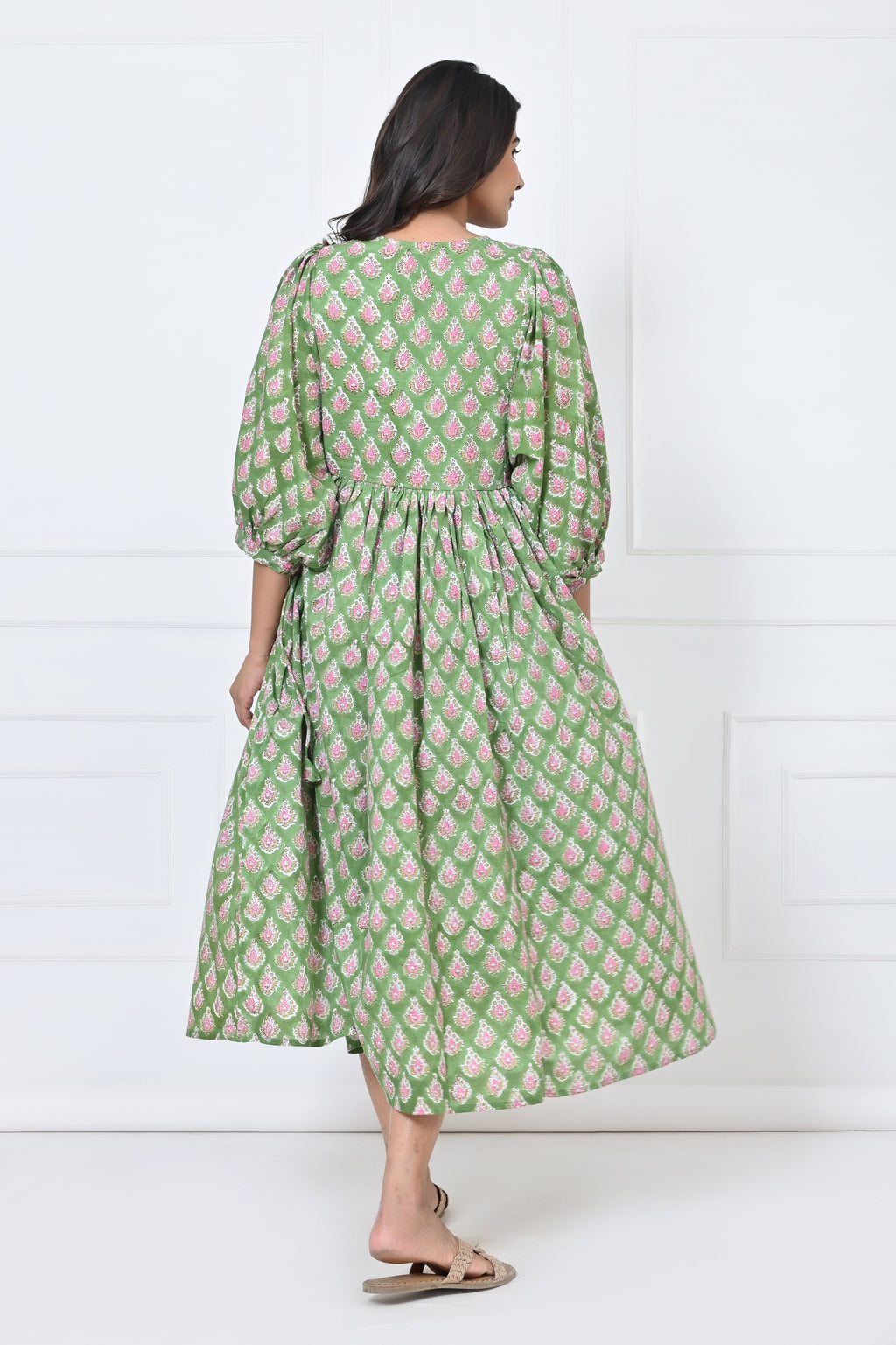 Green Print Cotton Maxi Doi Dress