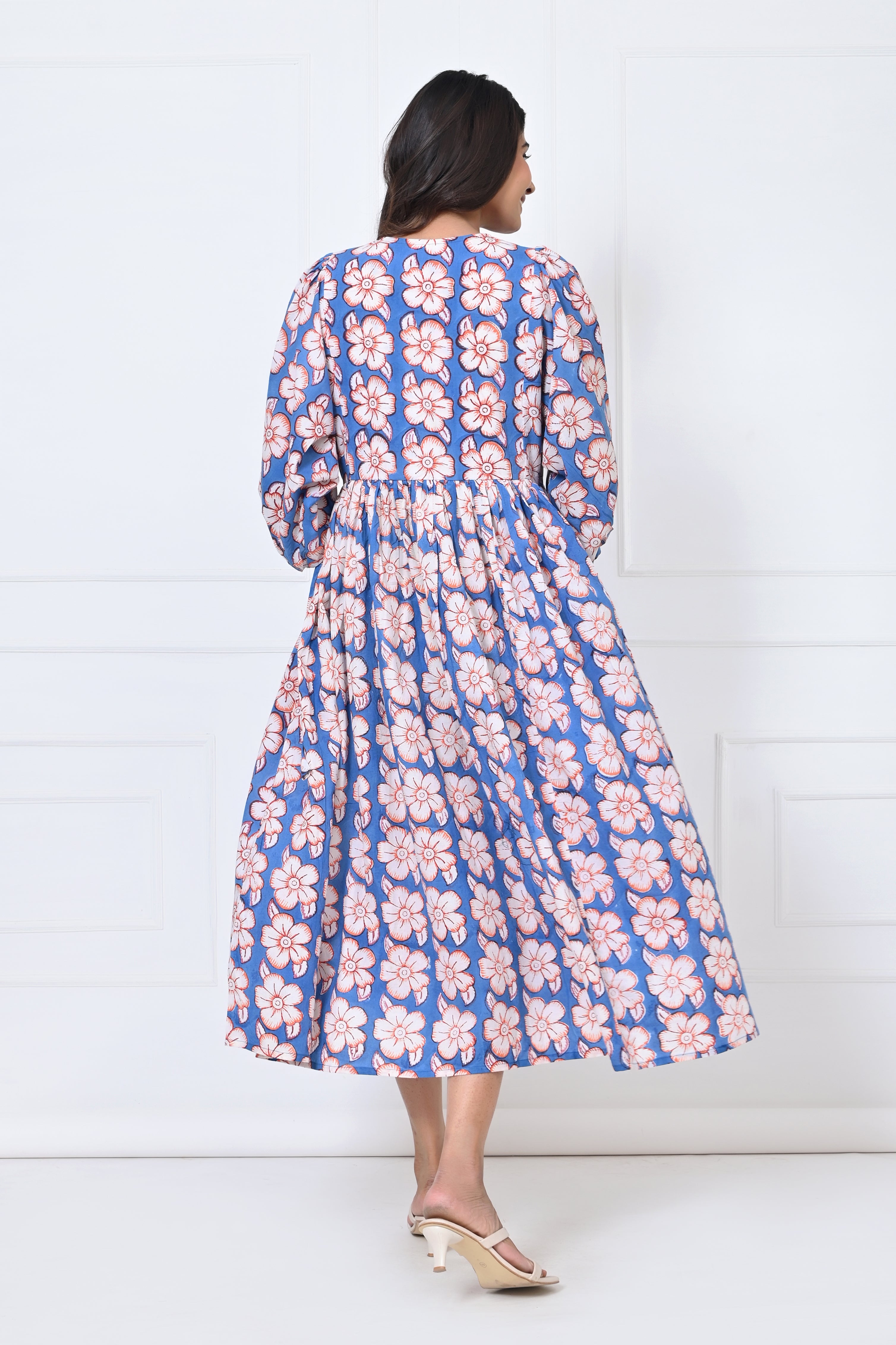 Flower With Leaf Printed Cotton Maxi Doi Dress