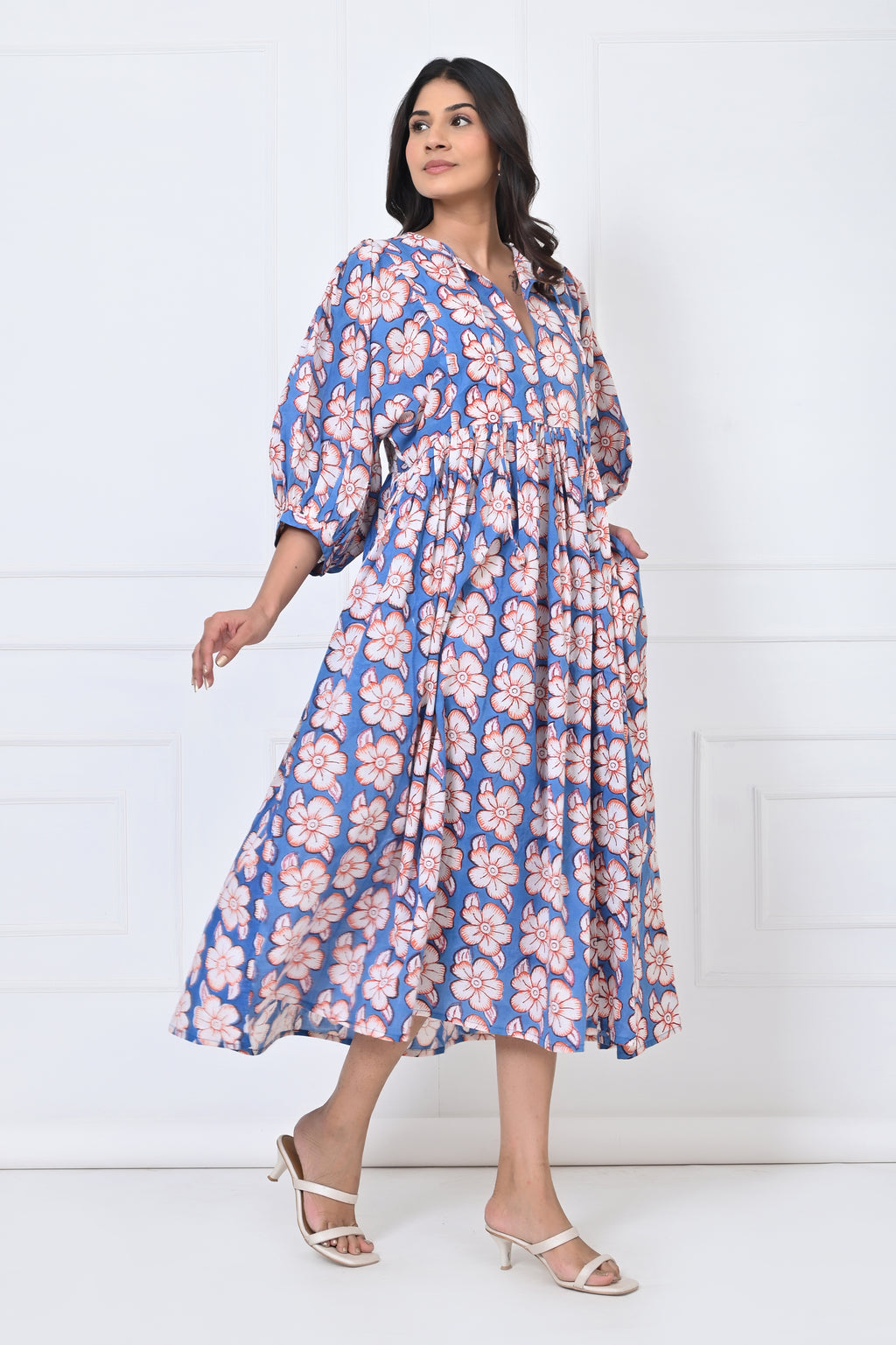 Flower With Leaf Printed Cotton Maxi Doi Dress