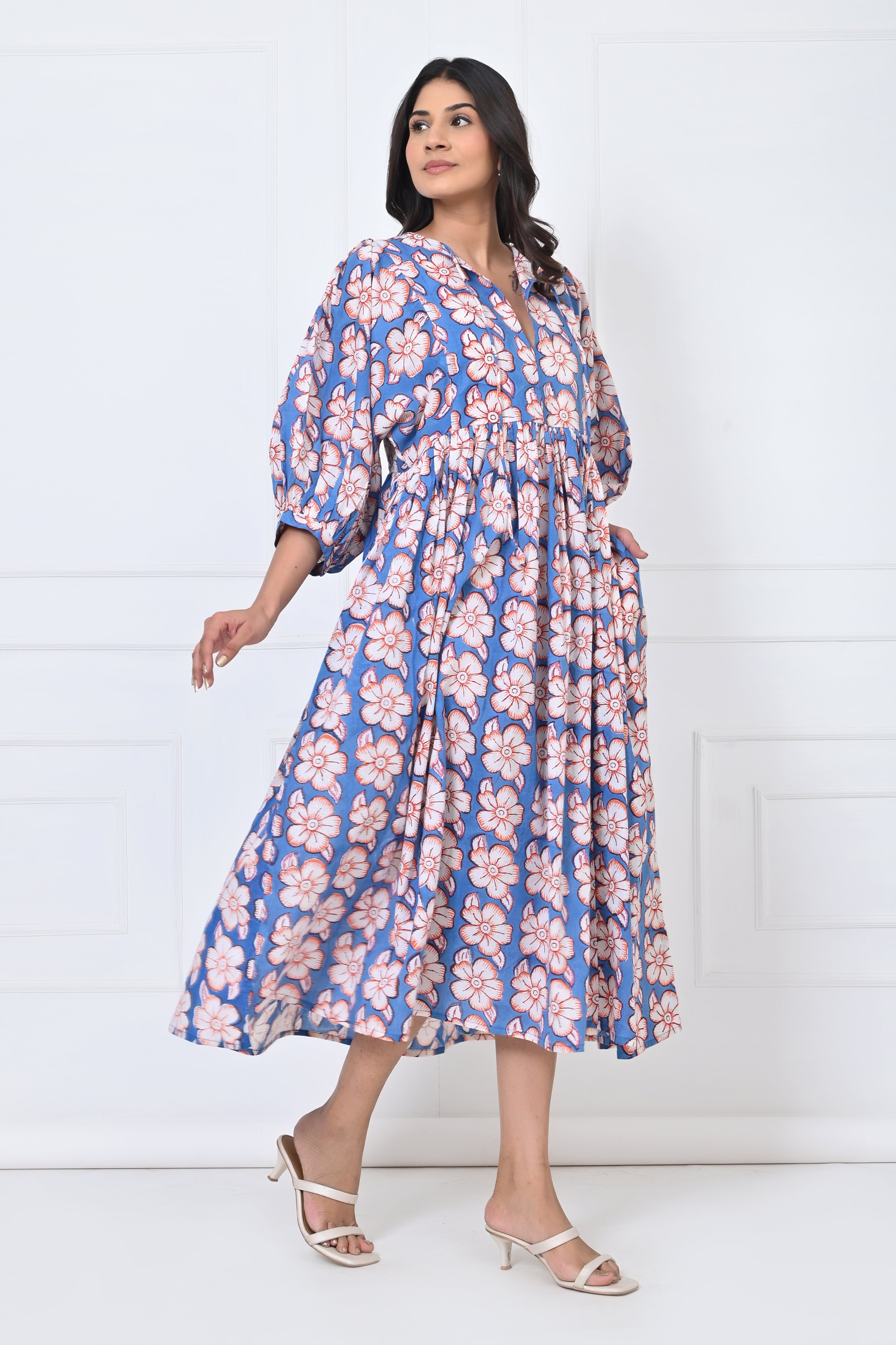 Flower With Leaf Printed Cotton Maxi Doi Dress