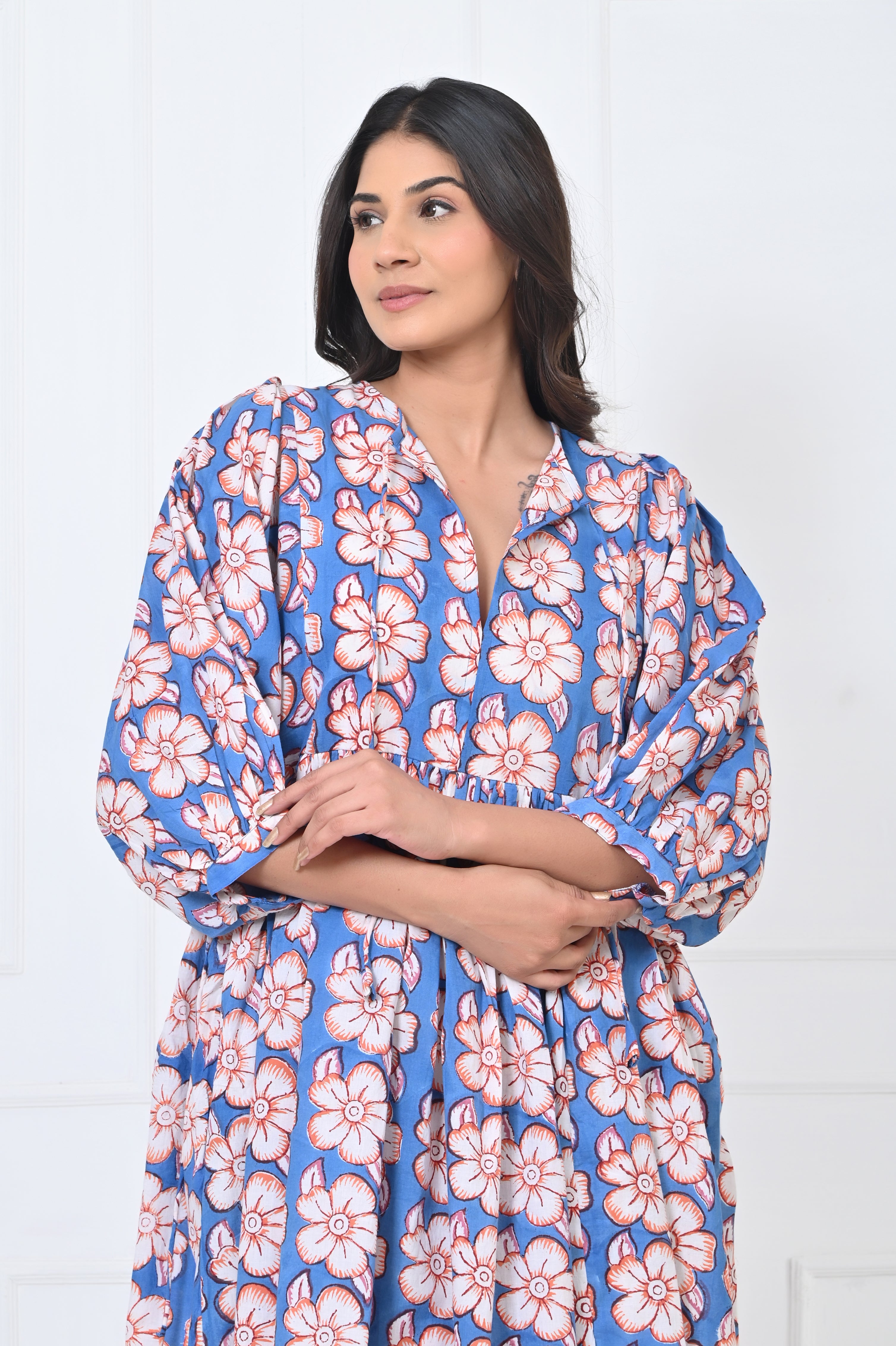 Flower With Leaf Printed Cotton Maxi Doi Dress