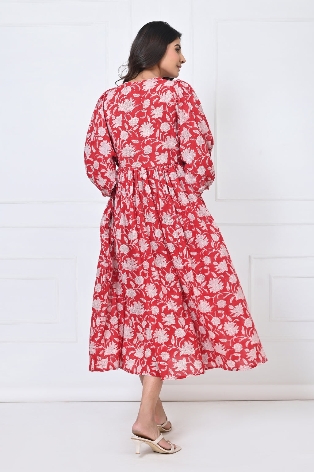 Red Floral Print Cotton Maxi Doi dress
