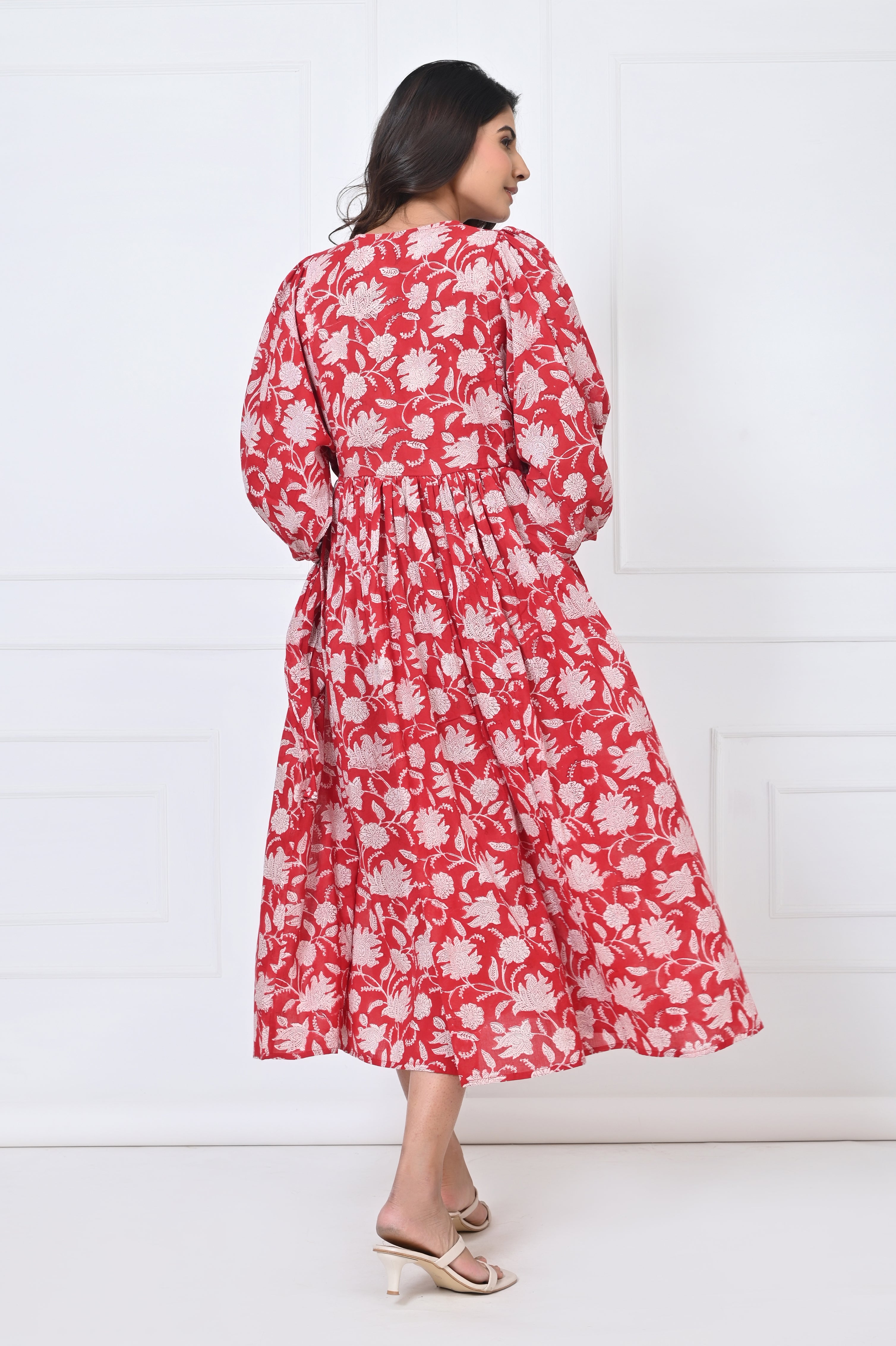 Red Floral Print Cotton Maxi Doi dress