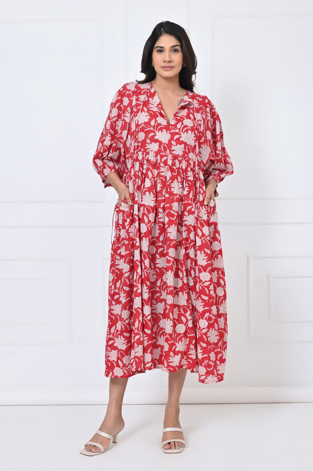 Red Floral Print Cotton Maxi Doi dress