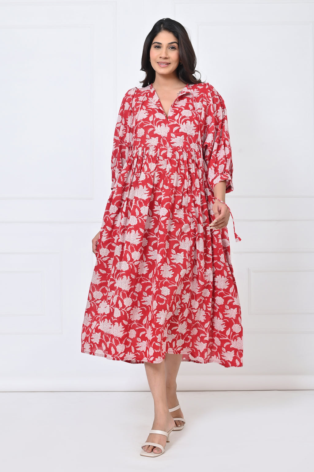 Red Floral Print Cotton Maxi Doi dress