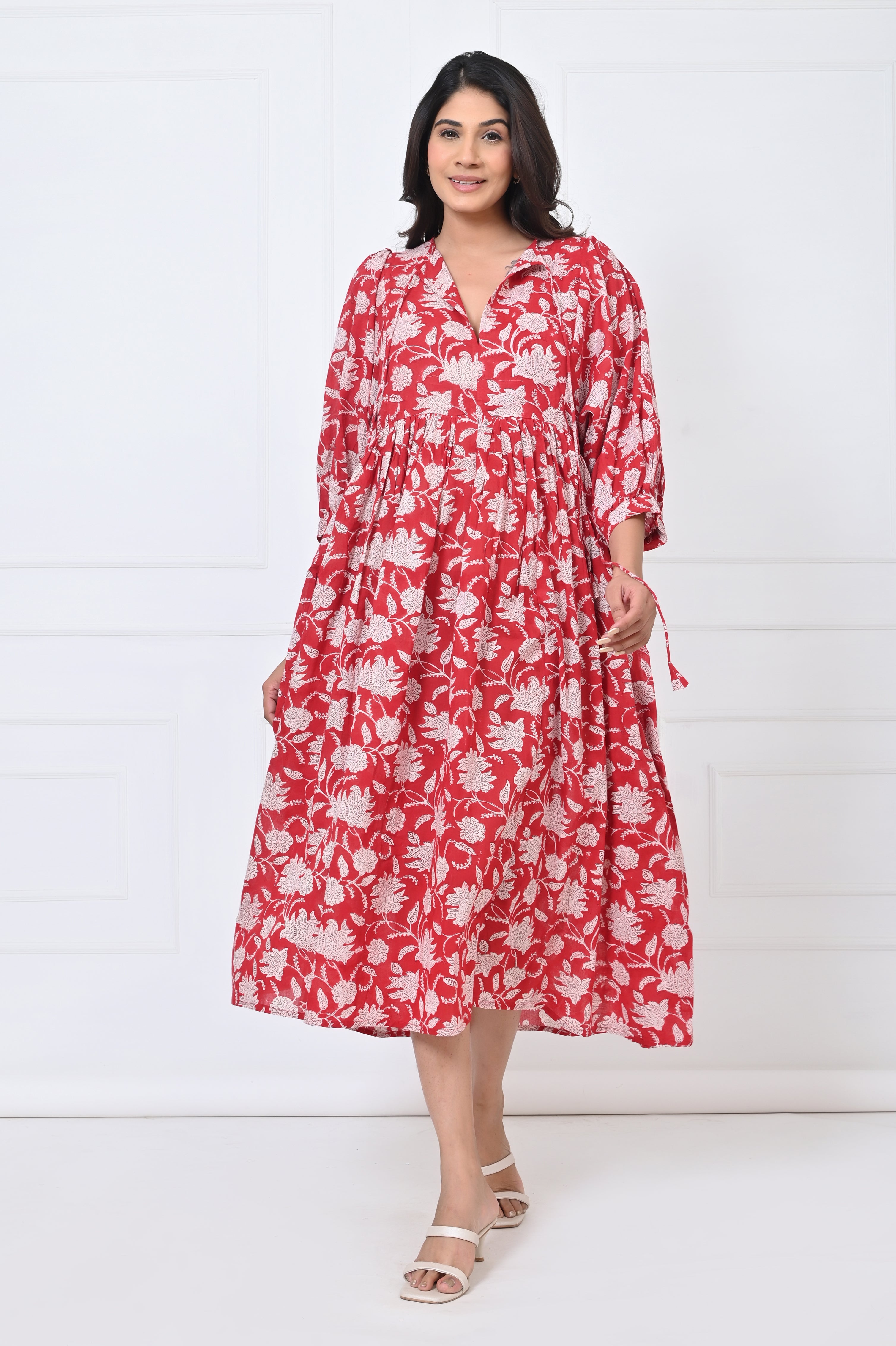 Red Floral Print Cotton Maxi Doi dress