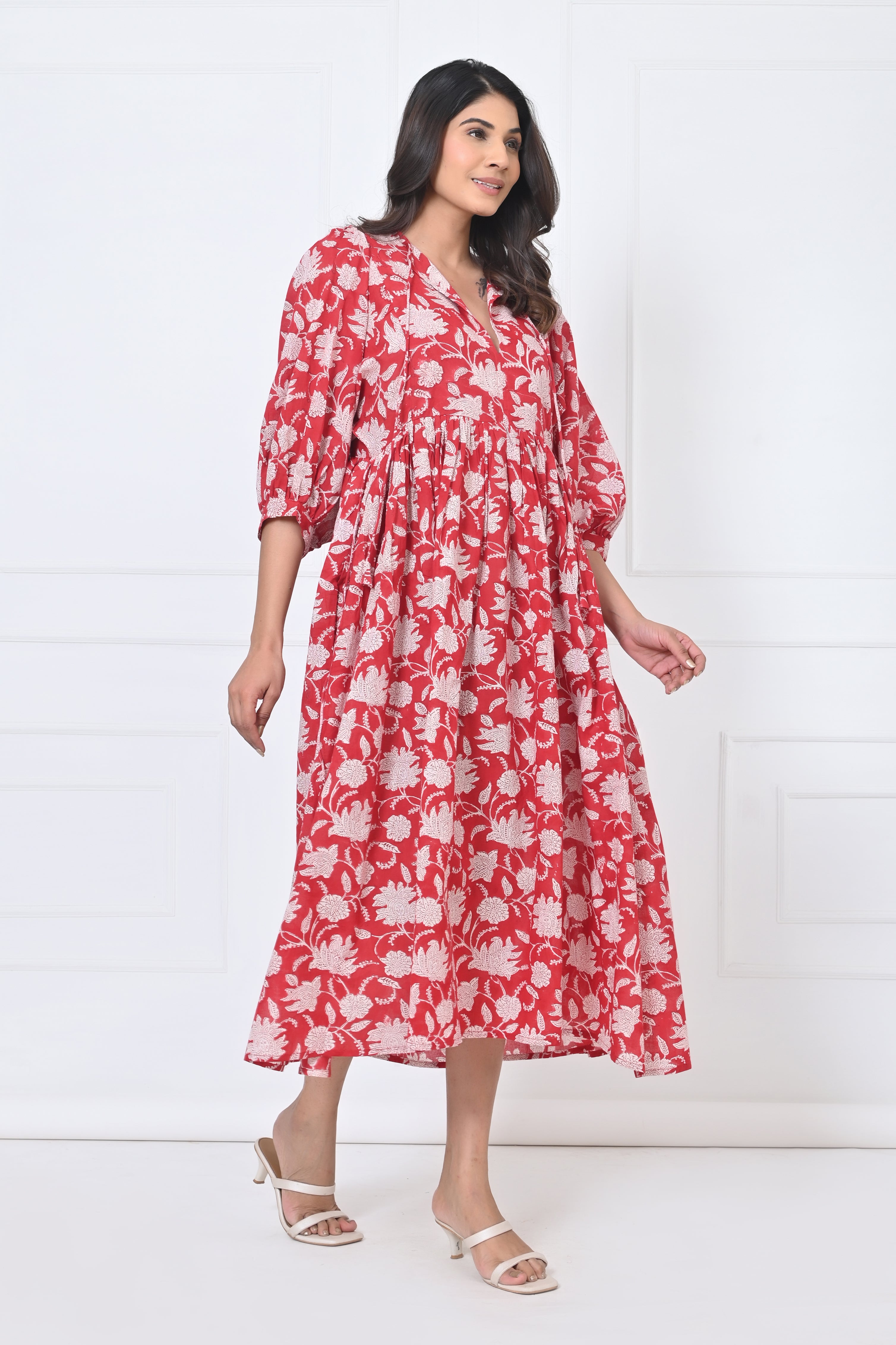Red Floral Print Cotton Maxi Doi dress