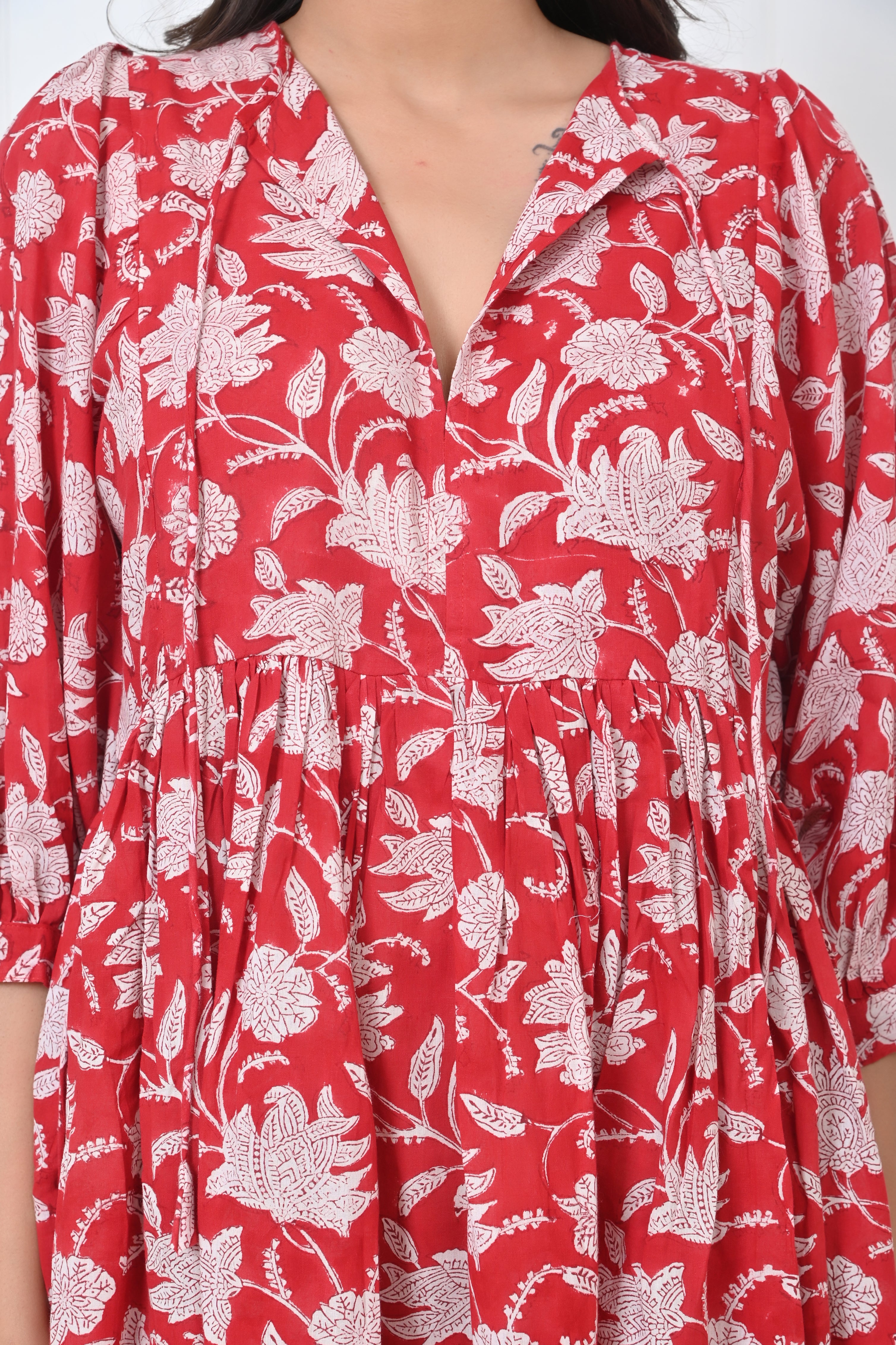 Red Floral Print Cotton Maxi Doi dress
