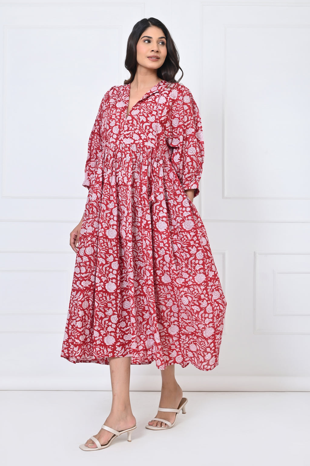 Traditional Red Floral Print Cotton Maxi Doi Dress