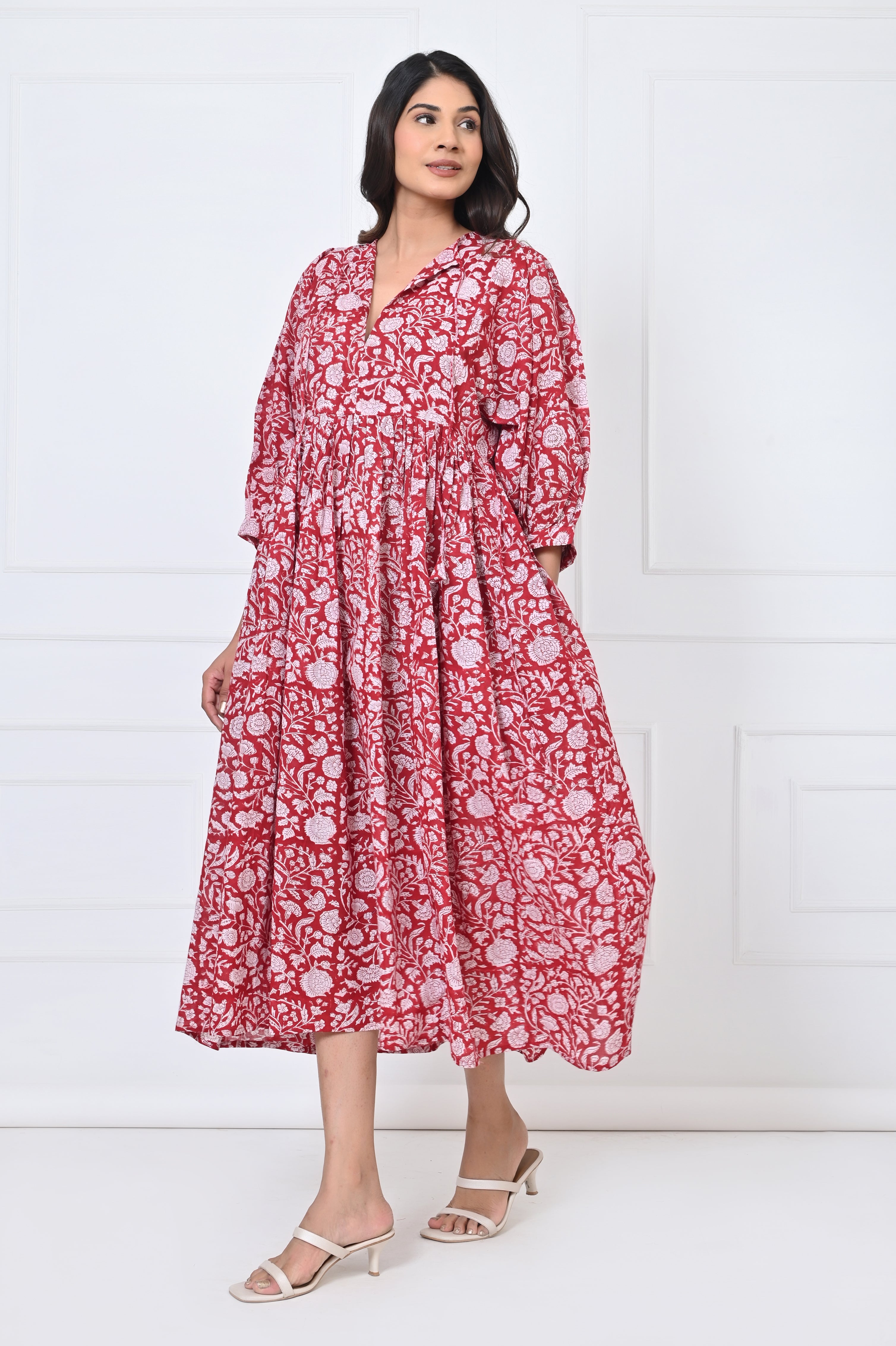 Traditional Red Floral Print Cotton Maxi Doi Dress