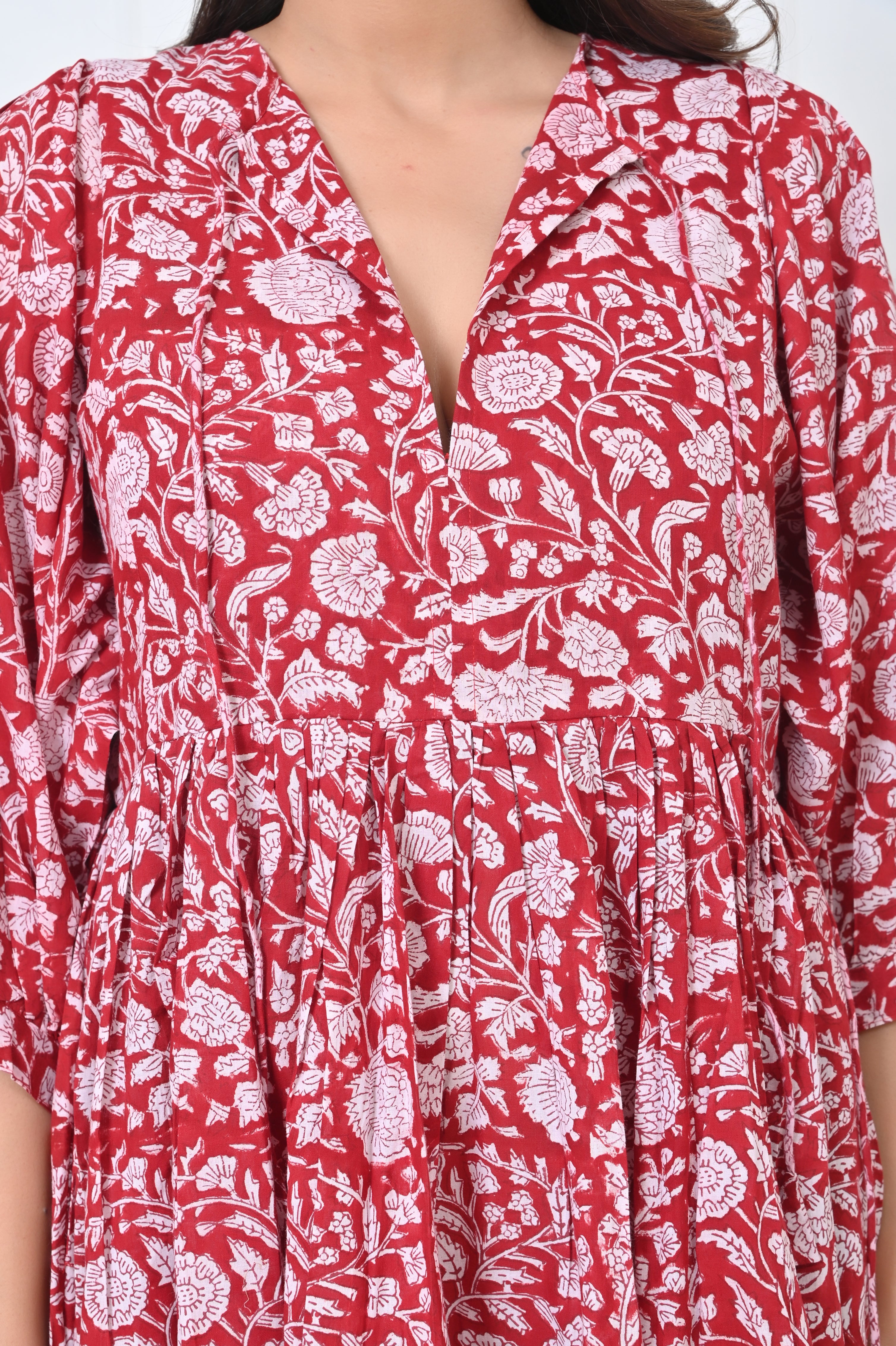 Traditional Red Floral Print Cotton Maxi Doi Dress
