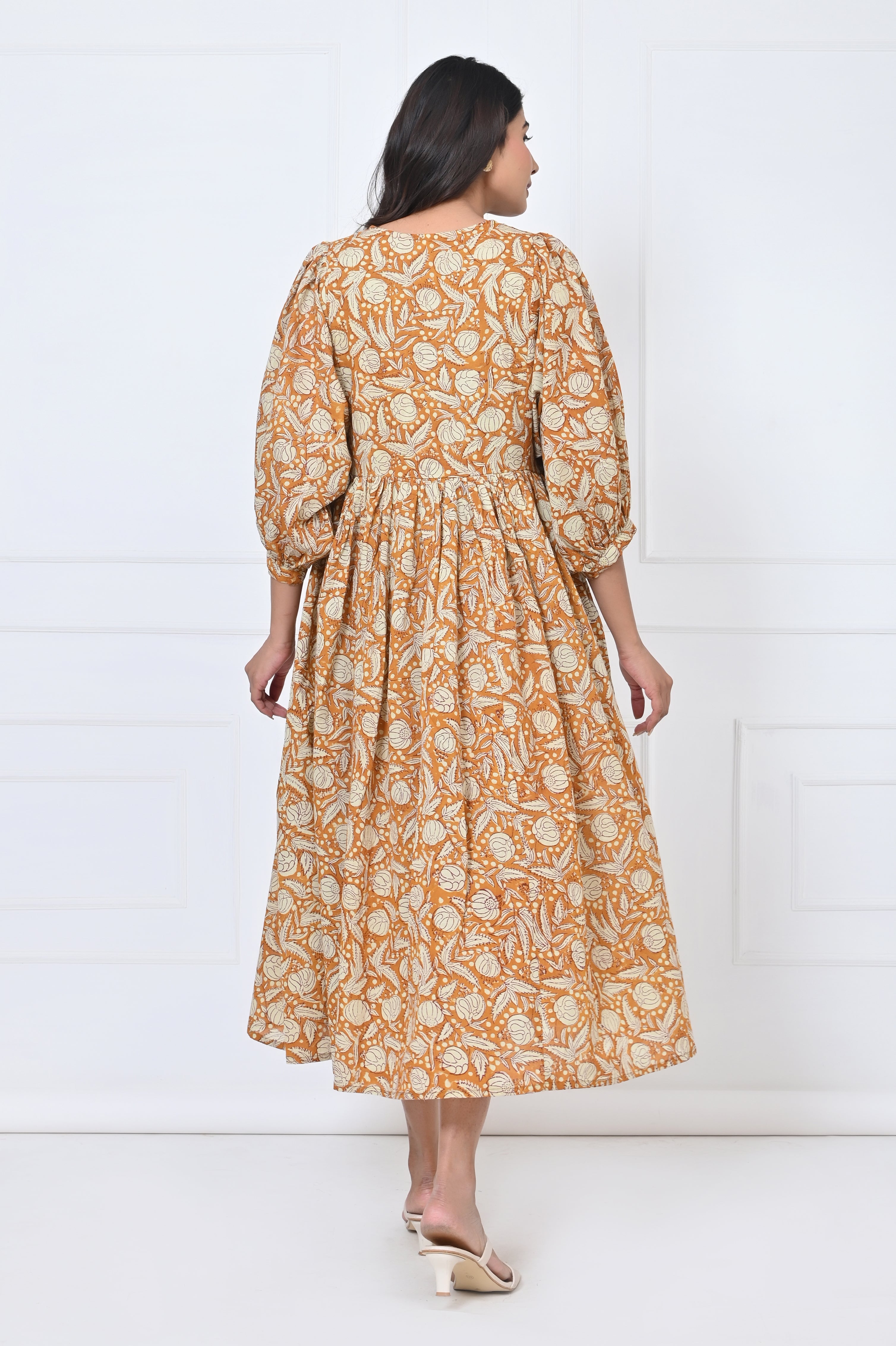 Mustard Floral Print Cotton Maxi Doi Dress