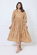 Mustard Floral Print Cotton Maxi Doi Dress