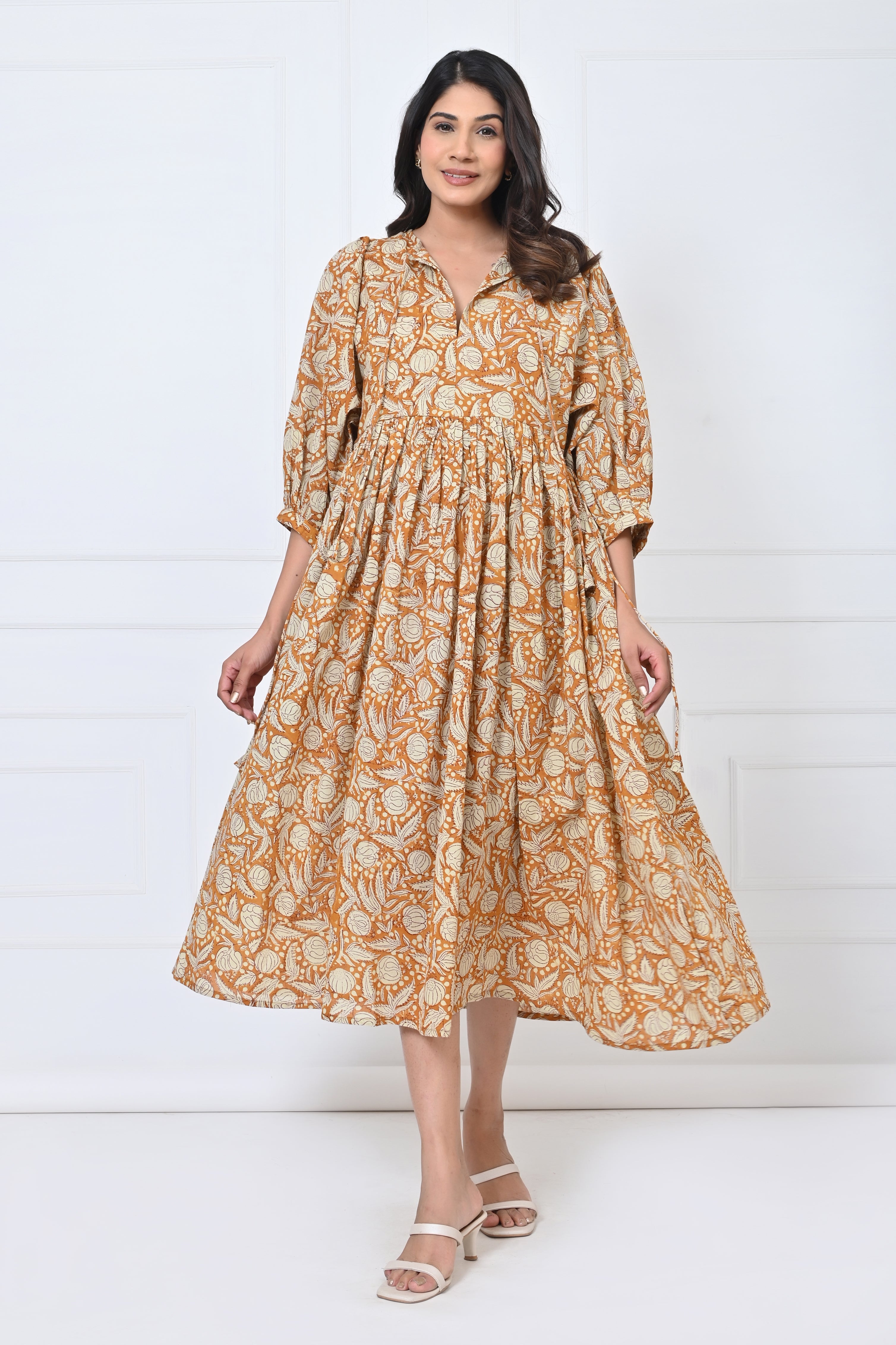 Mustard Floral Print Cotton Maxi Doi Dress