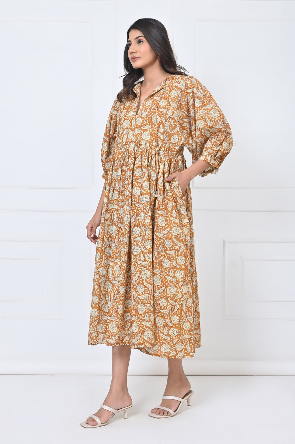 Mustard Floral Print Cotton Maxi Doi Dress