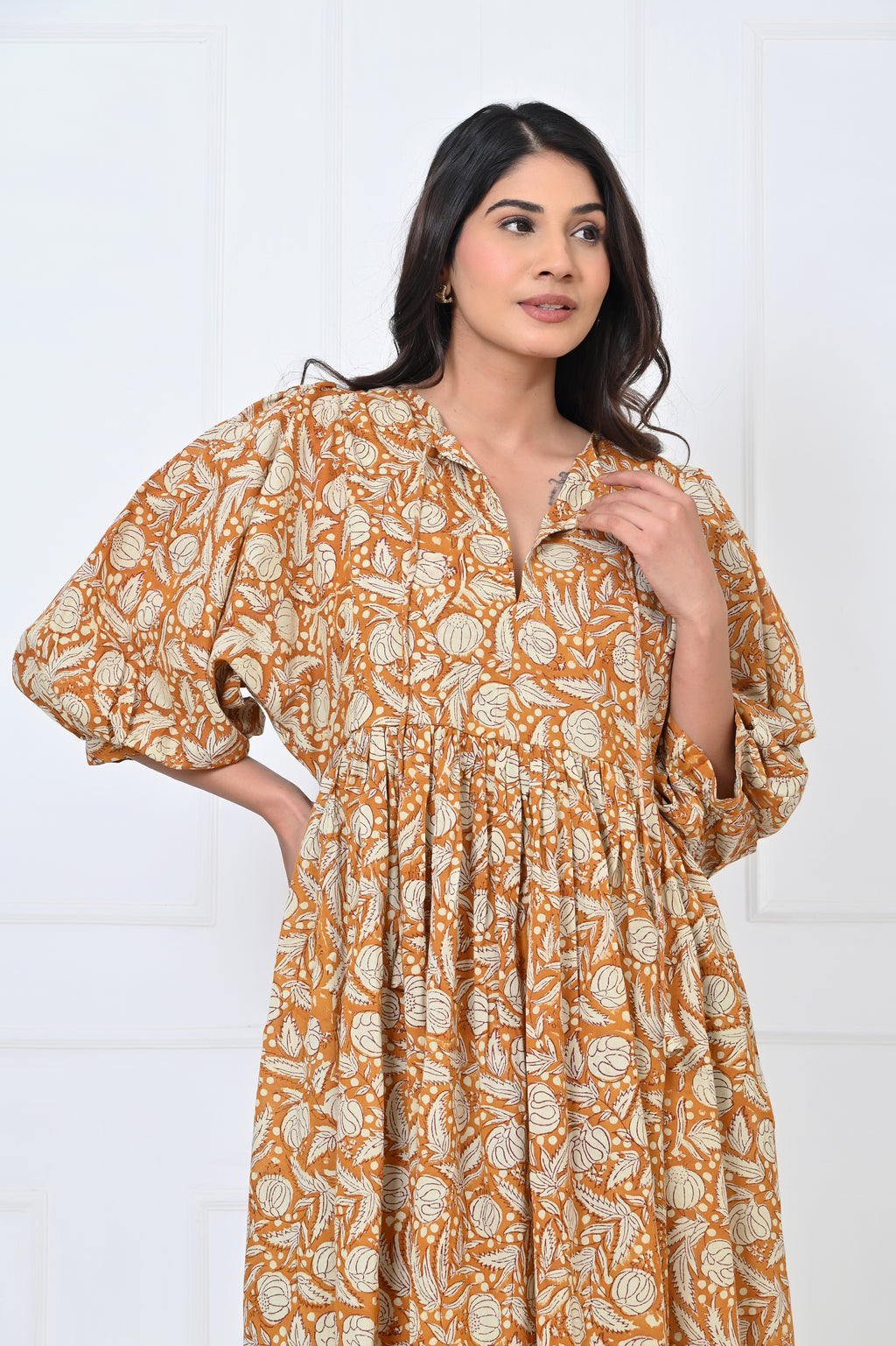 Mustard Floral Print Cotton Maxi Doi Dress