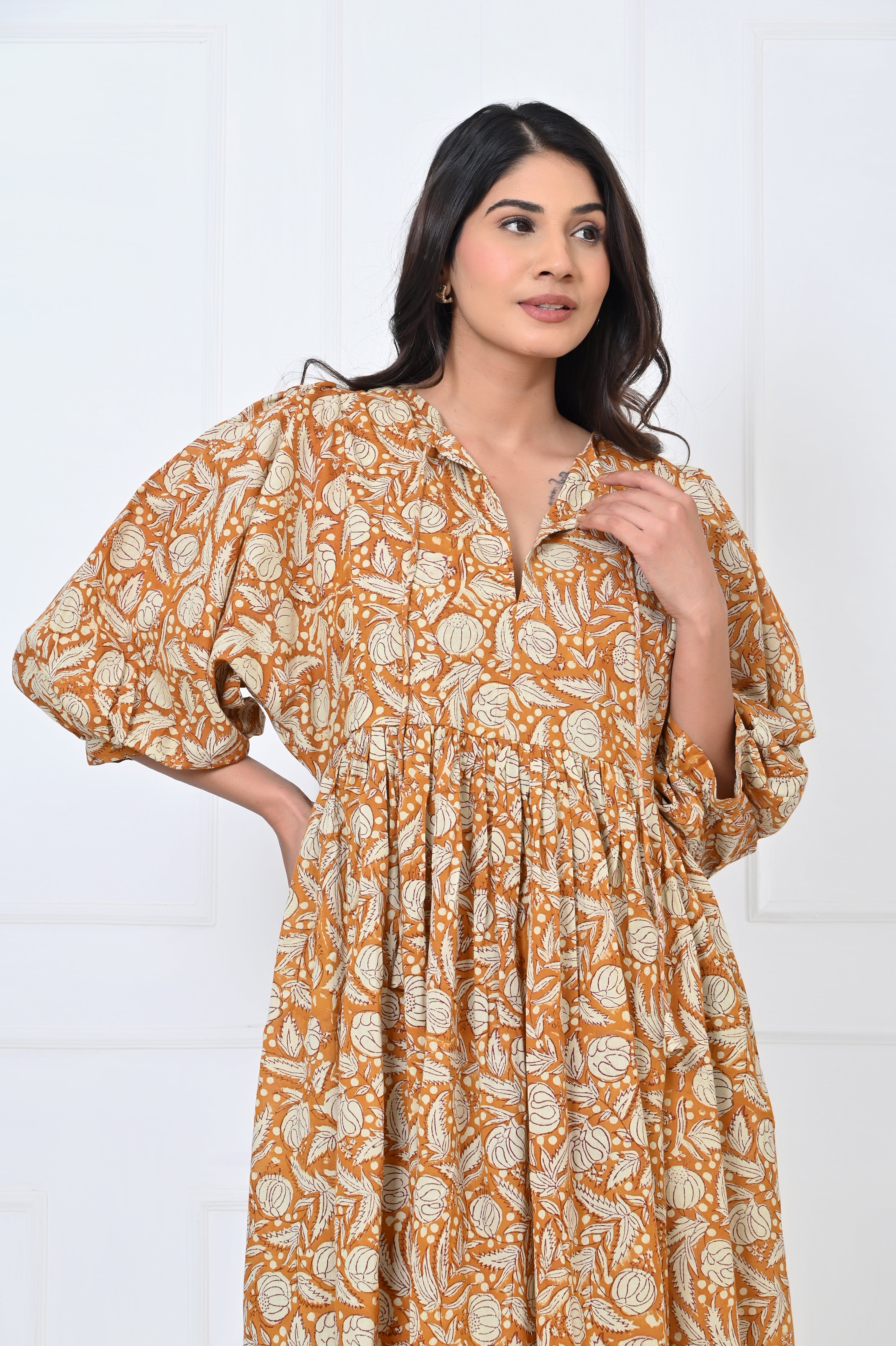 Mustard Floral Print Cotton Maxi Doi Dress