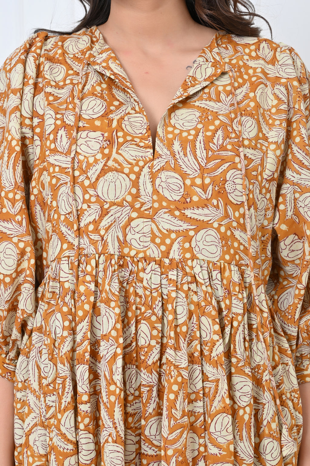 Mustard Floral Print Cotton Maxi Doi Dress