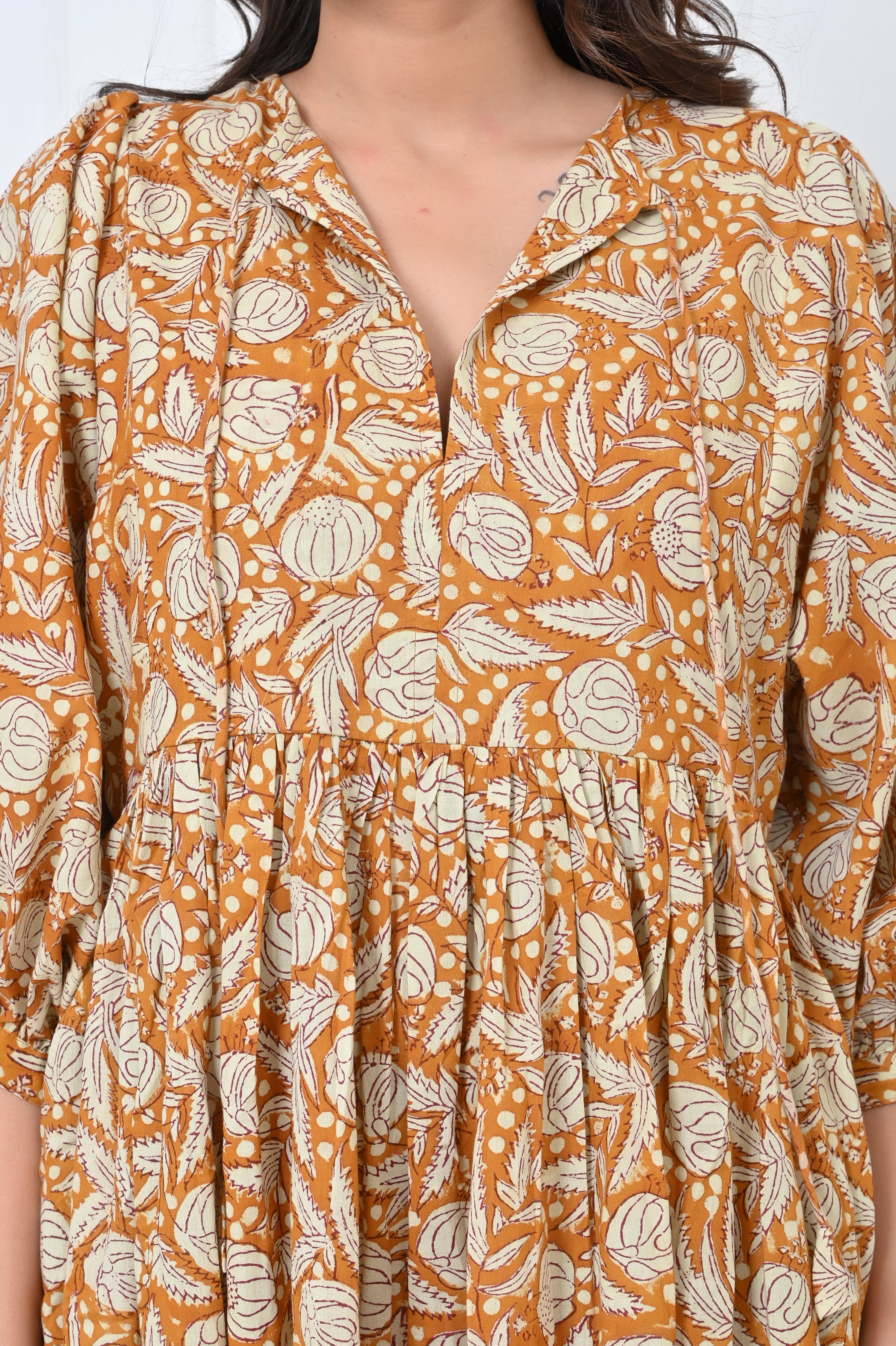 Mustard Floral Print Cotton Maxi Doi Dress
