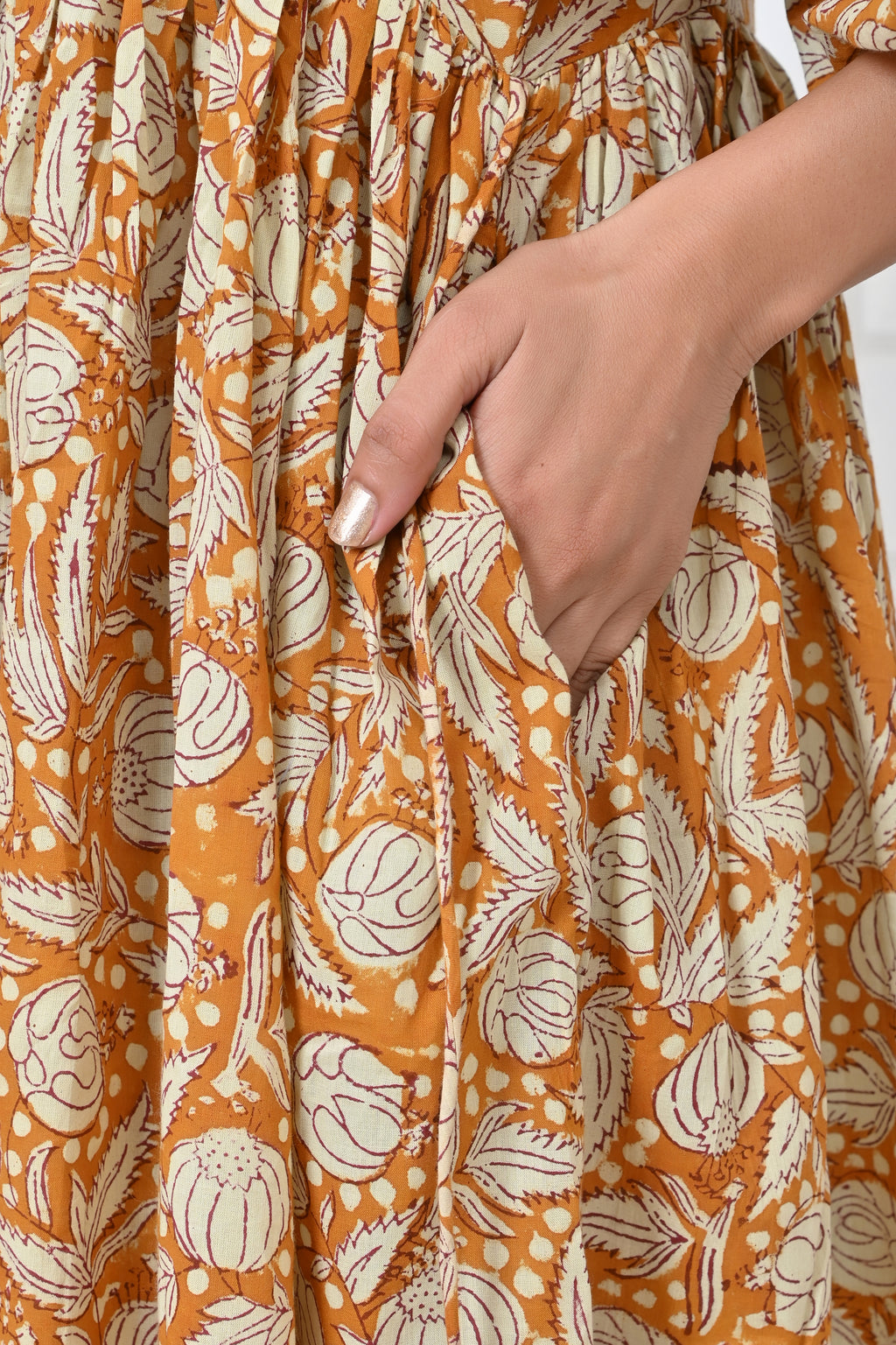 Mustard Floral Print Cotton Maxi Doi Dress