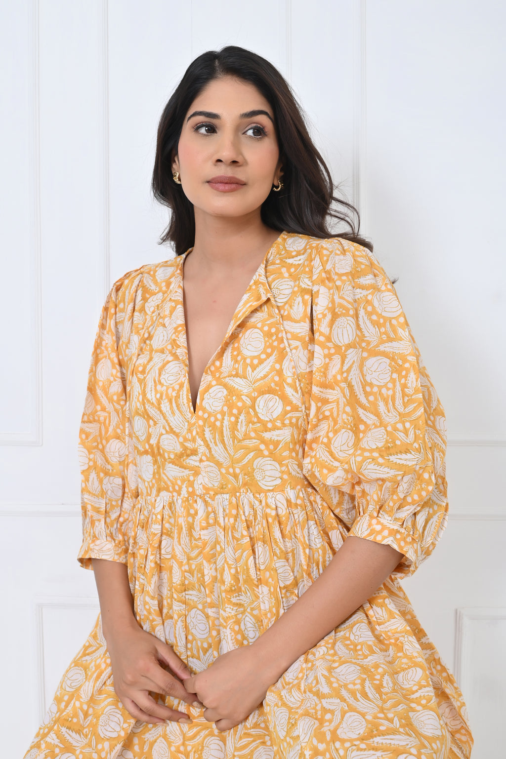 Yellow Floral Print Cotton Maxi Doi Dress