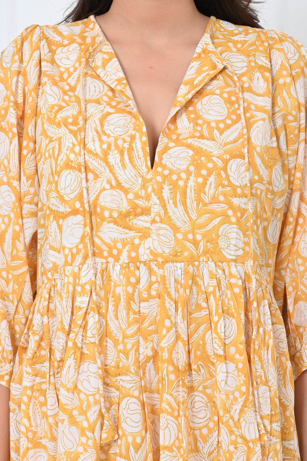 Yellow Floral Print Cotton Maxi Doi Dress