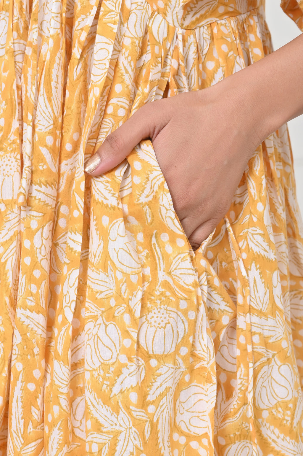 Yellow Floral Print Cotton Maxi Doi Dress
