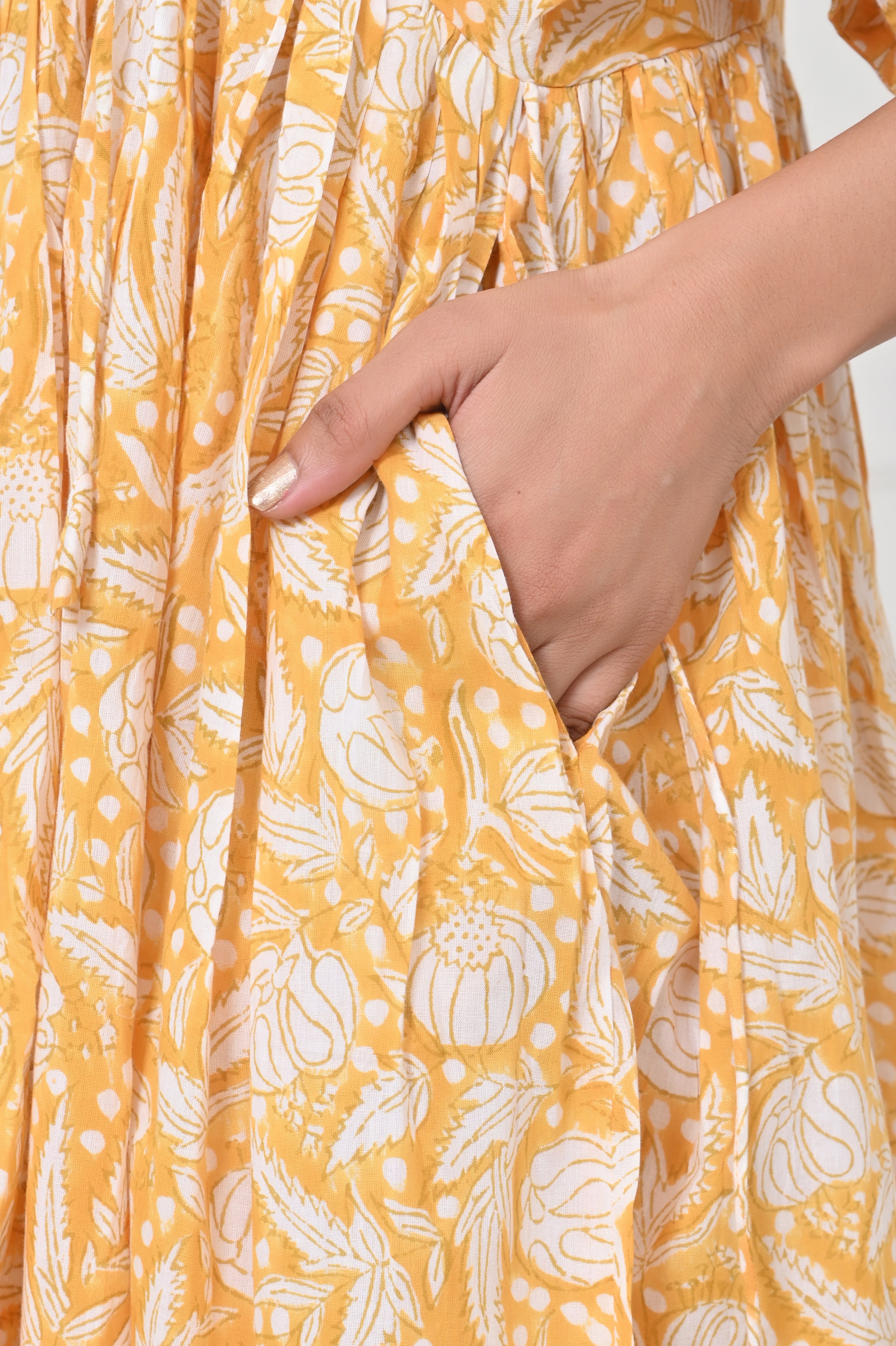 Yellow Floral Print Cotton Maxi Doi Dress
