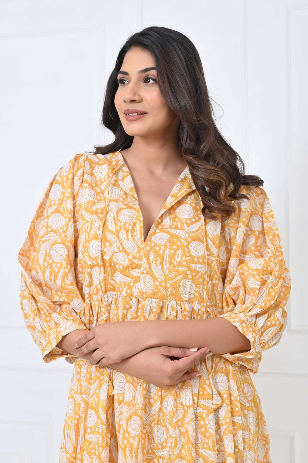 Yellow Floral Print Cotton Maxi Doi Dress